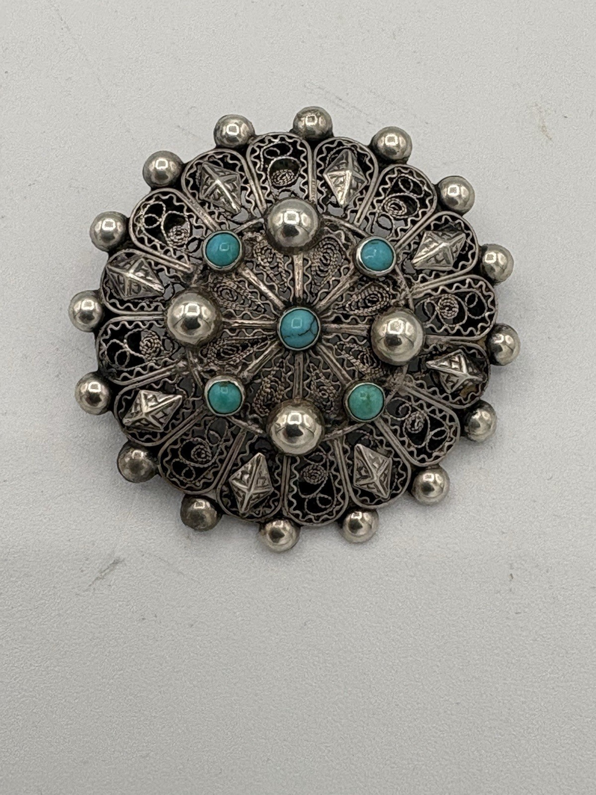 Vintage 1930s-40s Italian 800 Silver Filigree Turquoise Brooch Pin 1.5”