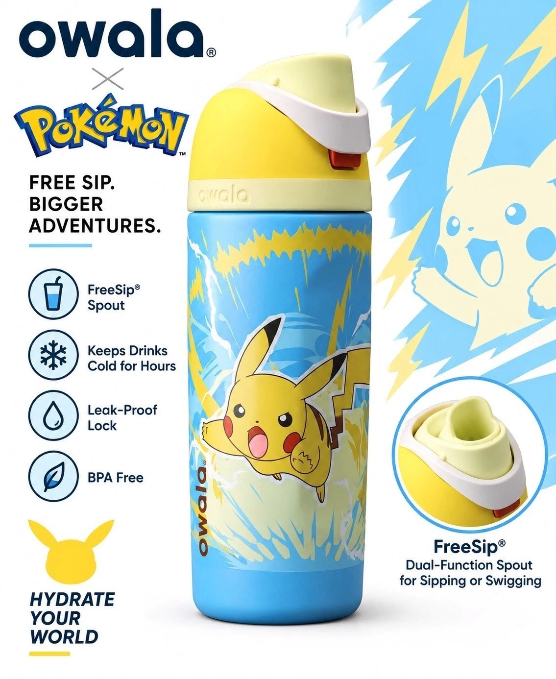POKÉMON x OWALA FreeSip 16 oz Pikachu I Choose You Stainless Steel Water Bottle