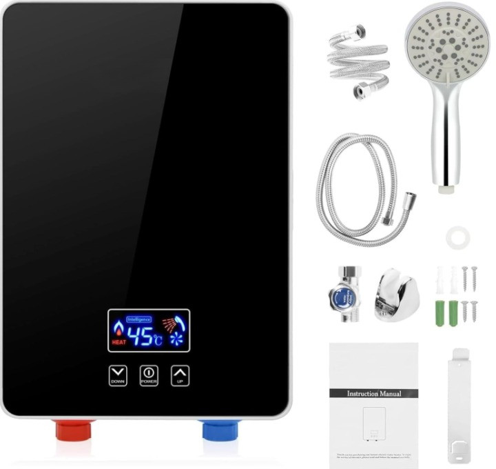 Calentador de Agua Eléctrico Instantáneo 6000W 220V con Ducha LED Negro, Nuevo