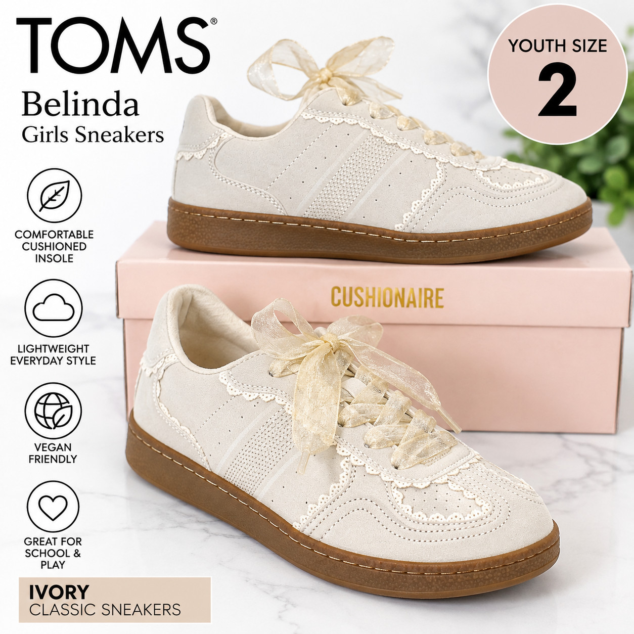 CUSHIONAIRE Belinda Womens 10 Ivory Lace Ribbon Sneakers Memory Foam NEW BOX