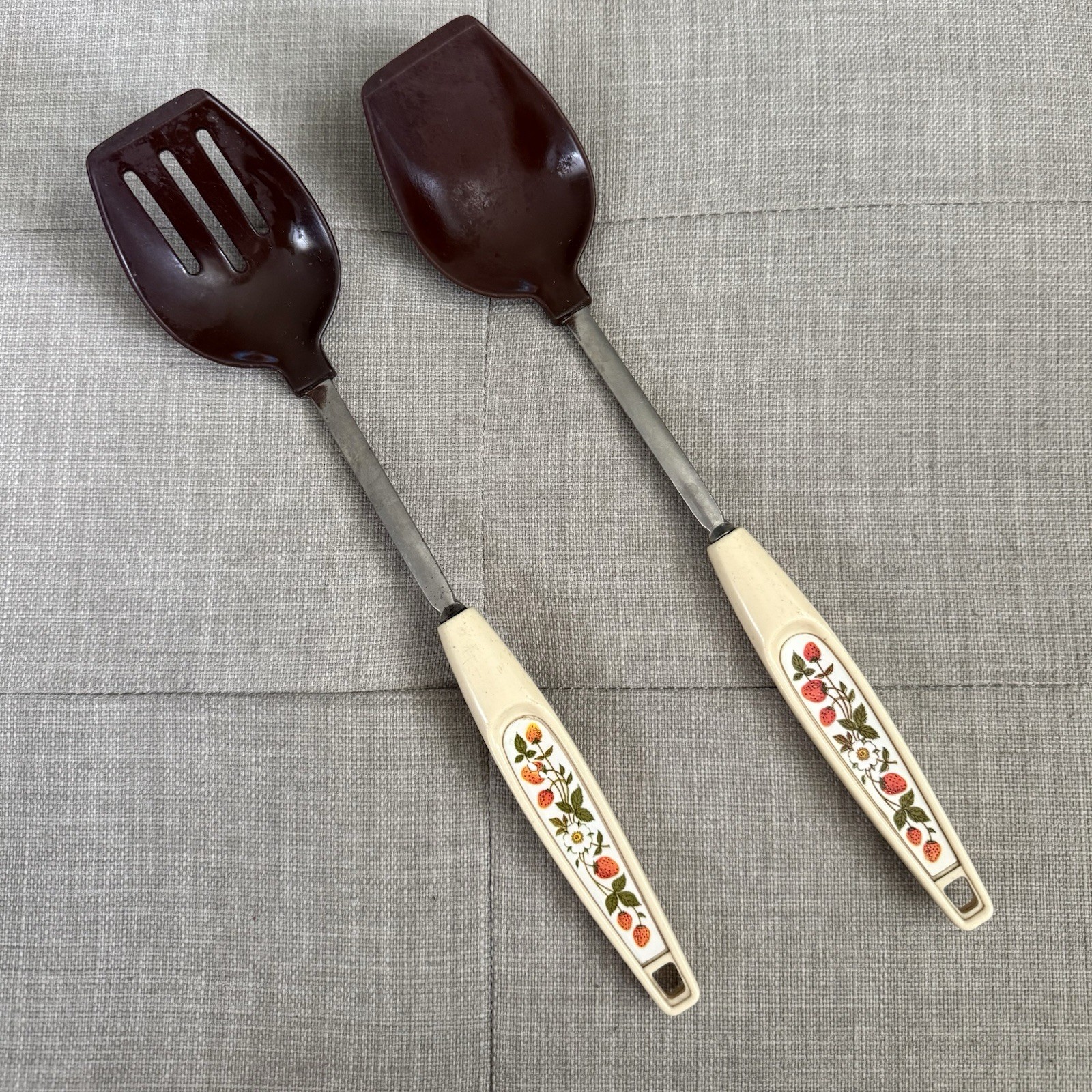 Vintage EKCO “Spice Of Life” Strawberry Print Slotted & Solid Serving Spoons