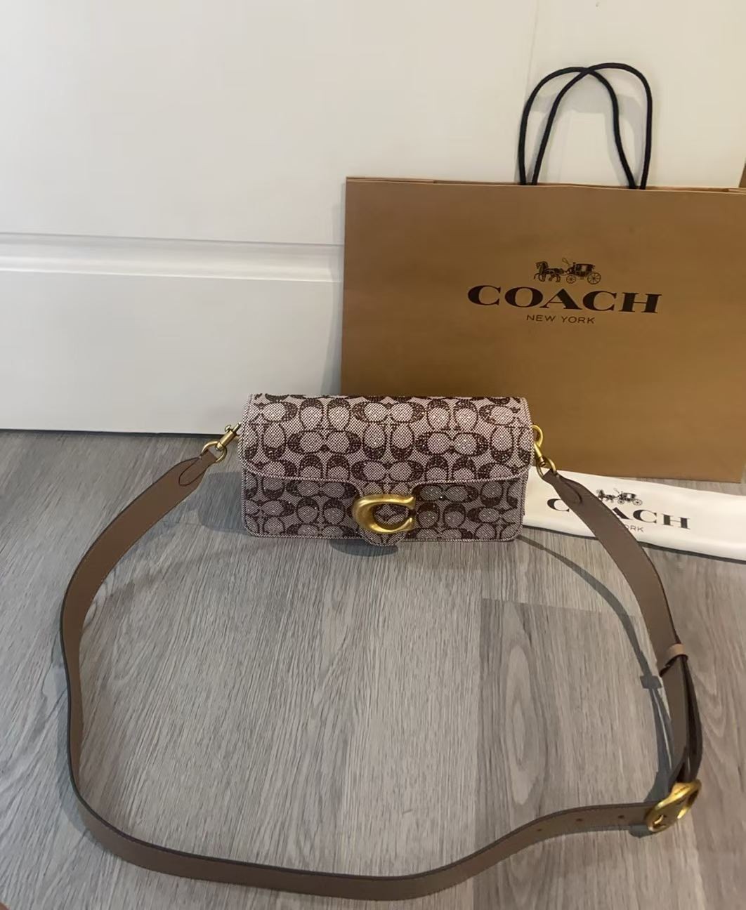 Tabby Shoulder Bag 26 Crystal Signature Jacquard (Beige) CDZ34 Shoulder Bag