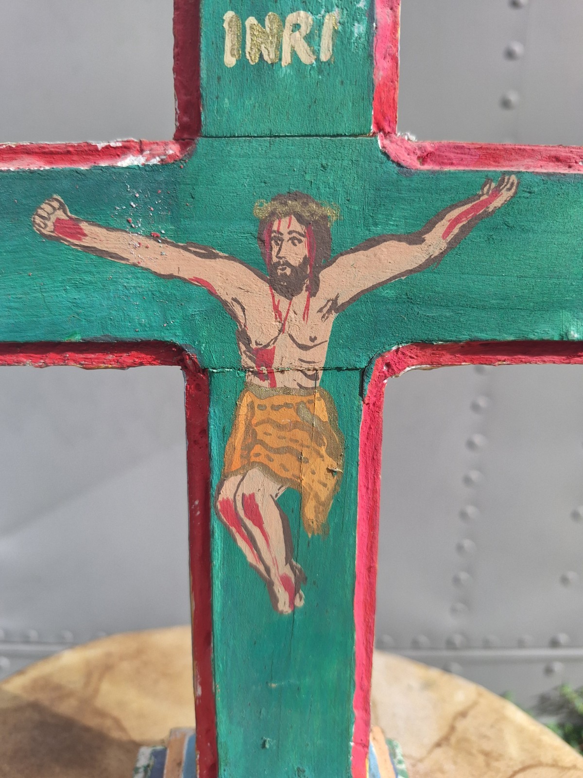 Vintage Mexican Folk Wood Painted Cross Crucified Jesus Religious 