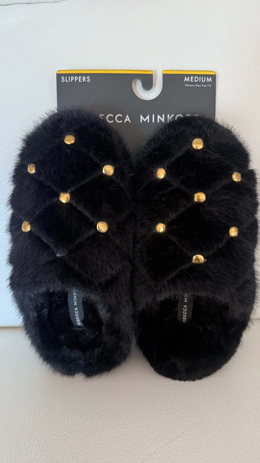NEW REBECCA MINKOFF BLACK FAUX FUR STUDDED SLIPPER MEDIUM 7 / 8