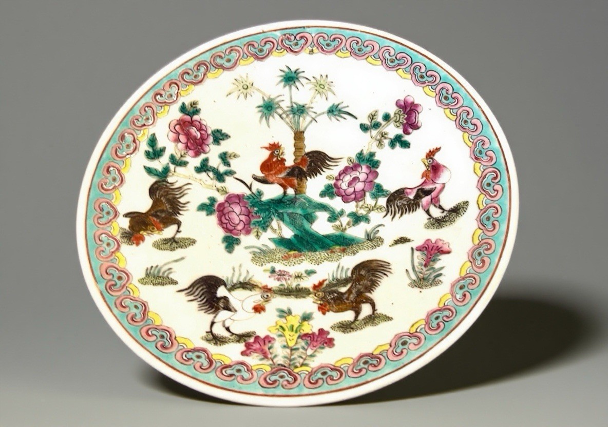 Antique Qing Dynasty Famile Rose Roosters And Flowers Charger, 清代粉彩公雞花卉紋盤