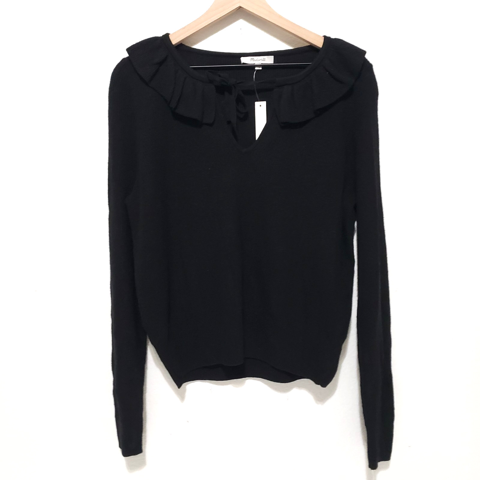 NEW Madewell SIZE M Black Ruffle Tie Neck Long Sleeve Sweater Peasant Top MA70