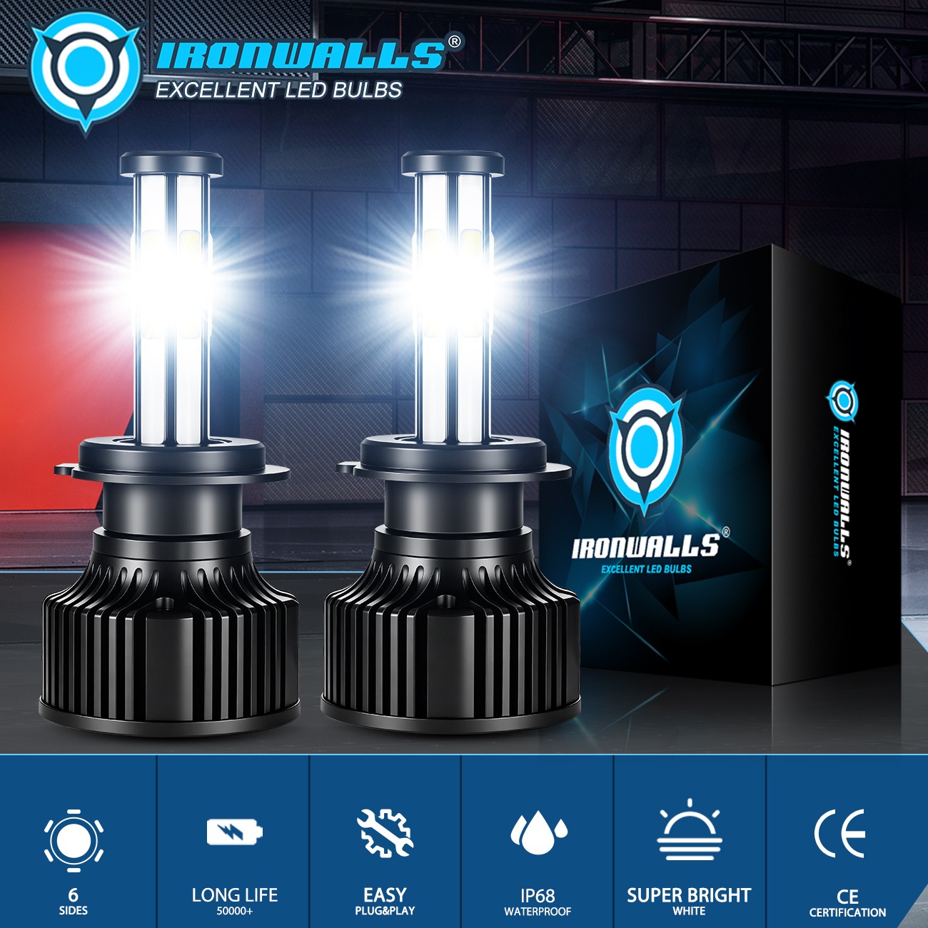 6-sides H7 LED Headlight Bulbs Super Bright High/Low Beam 3000000LM 6500K White