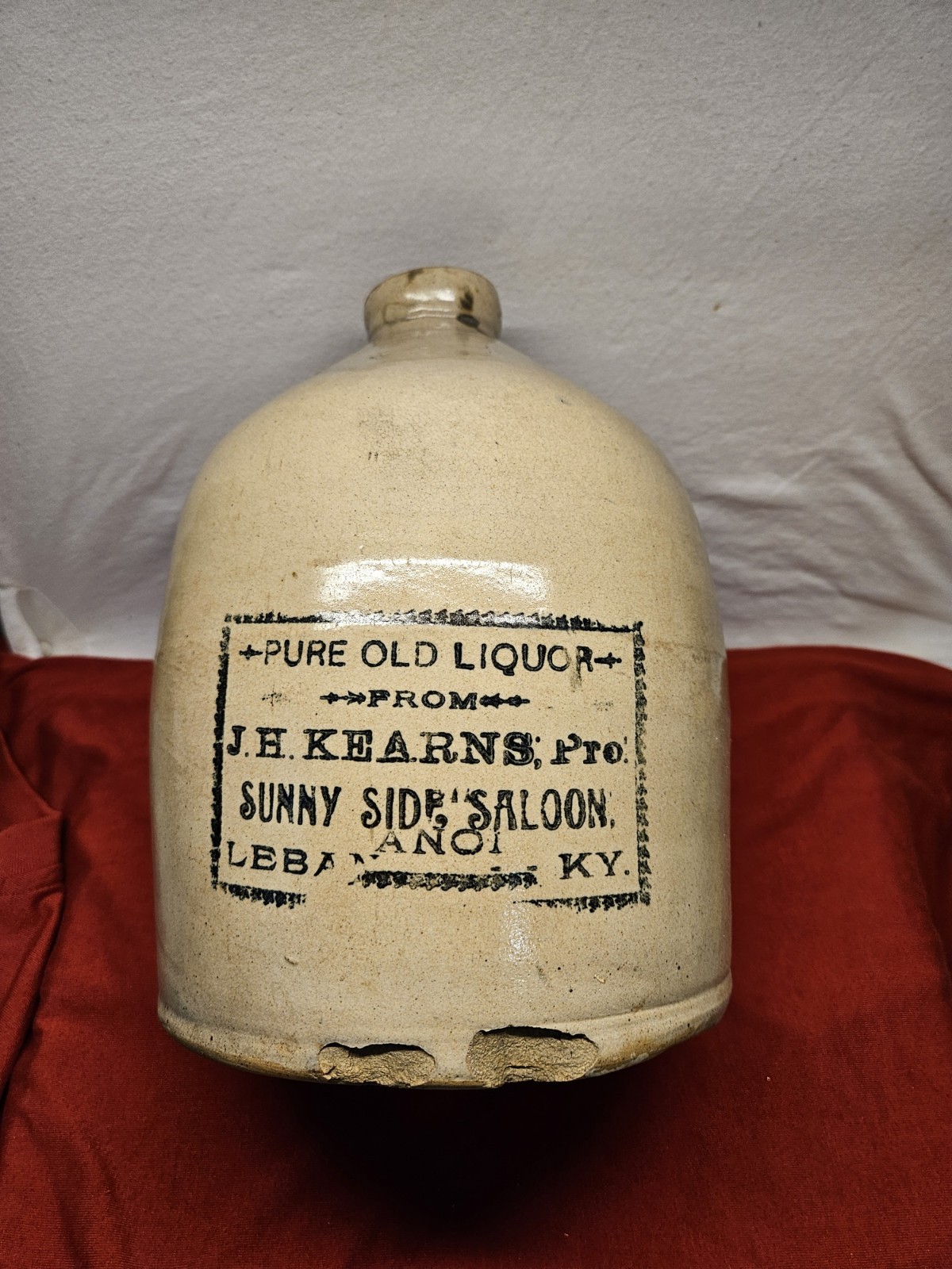 ANTIQUE SCARCE J.H. KEARNS SUNNY SIDE SALOON LEBANON KY WHISKEY STONEWARE JUG ANTIQUE SCARCE J.H. KEARNS SUNNY SIDE SALOON LEBANON KY WHISKEY STONEWARE JUG