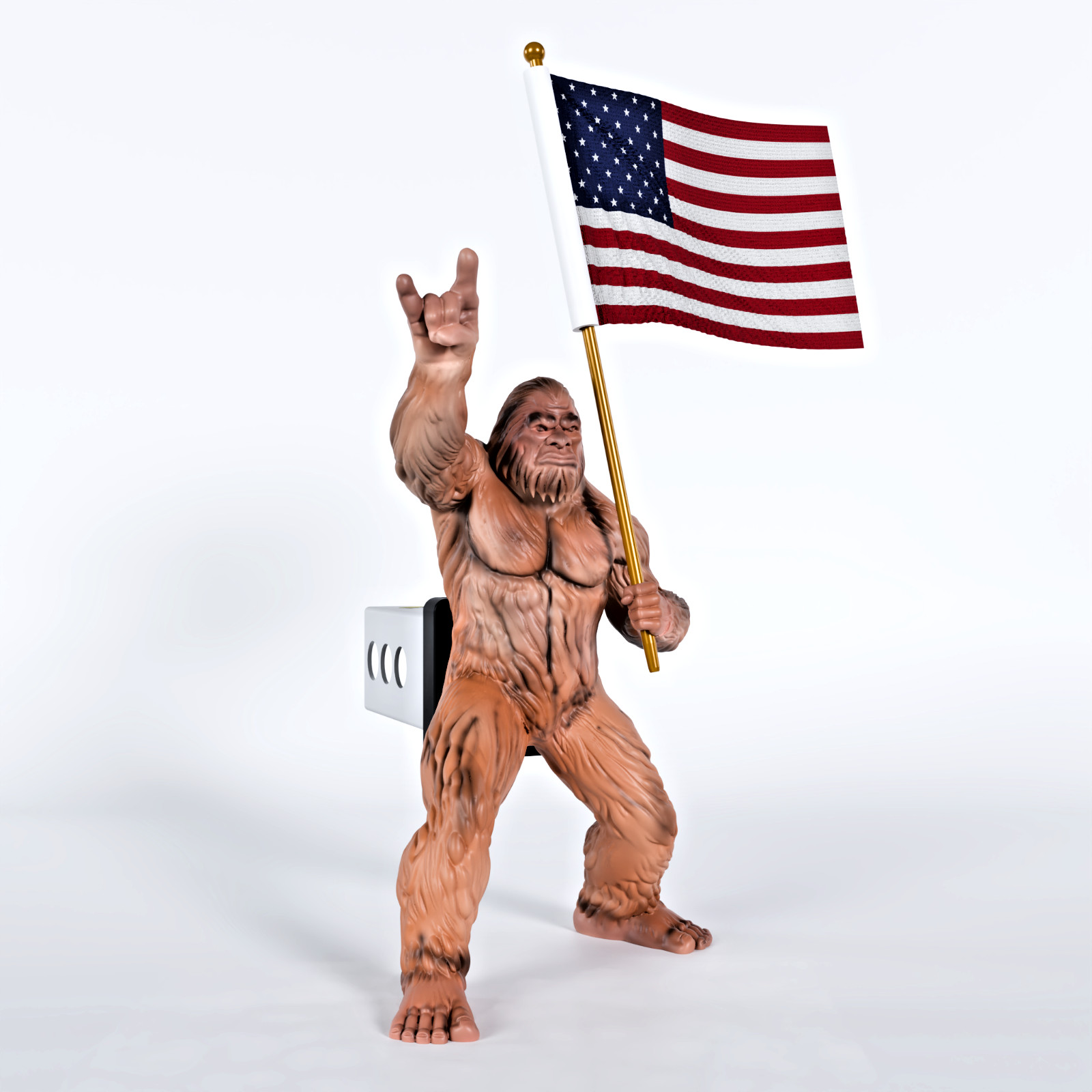 Bigfoot Rock On Hitch Cover with Real Waving American Flag