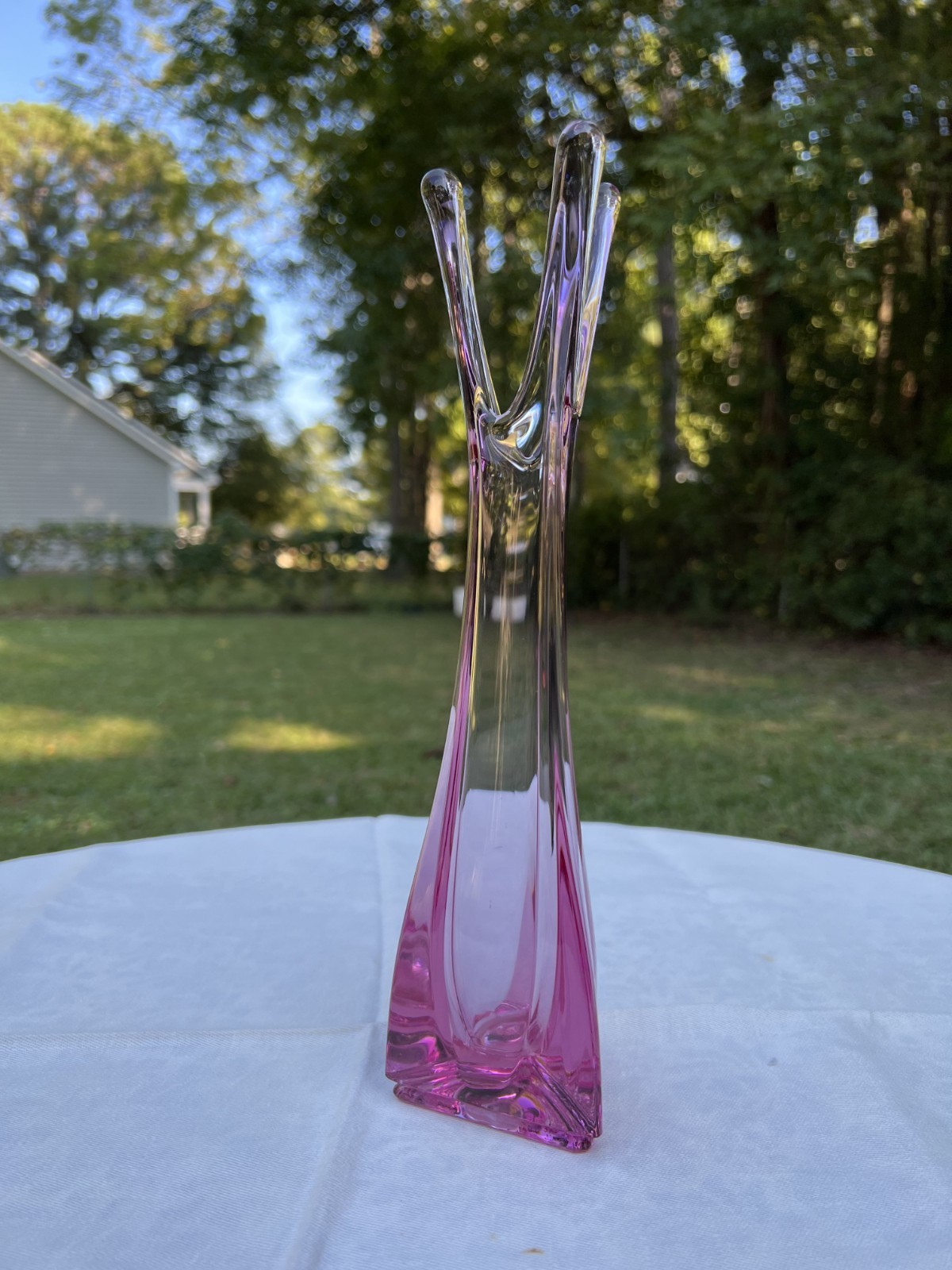 RARE MCM Vintage Viking Thistle Pink Glass 3 Foil Swung Vase 11 RARE MCM Vintage Viking Thistle Pink Glass 3 Foil Swung Vase 11