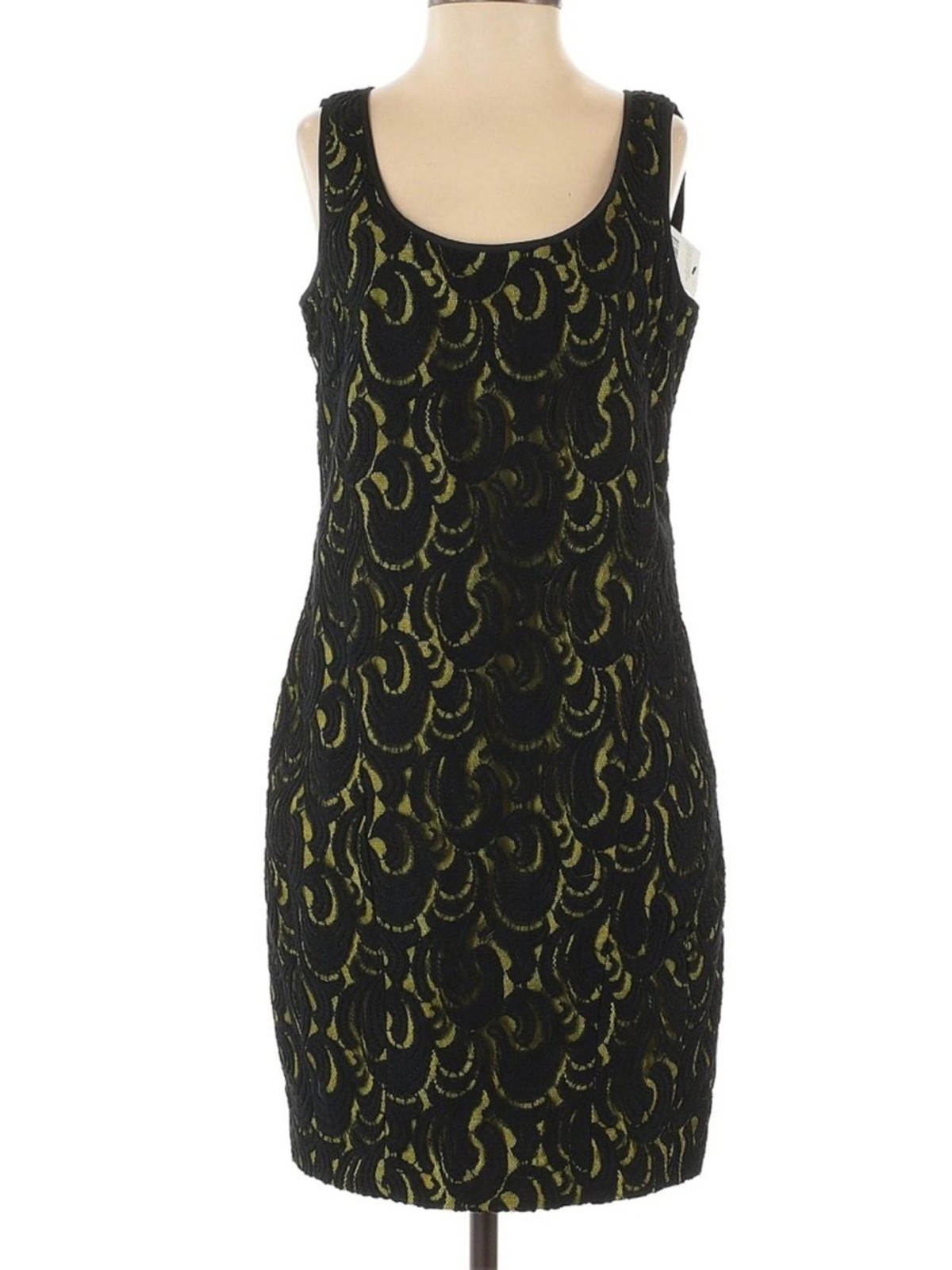 DKNY Black Lace Overlay Mini Dress with Olive Underlay