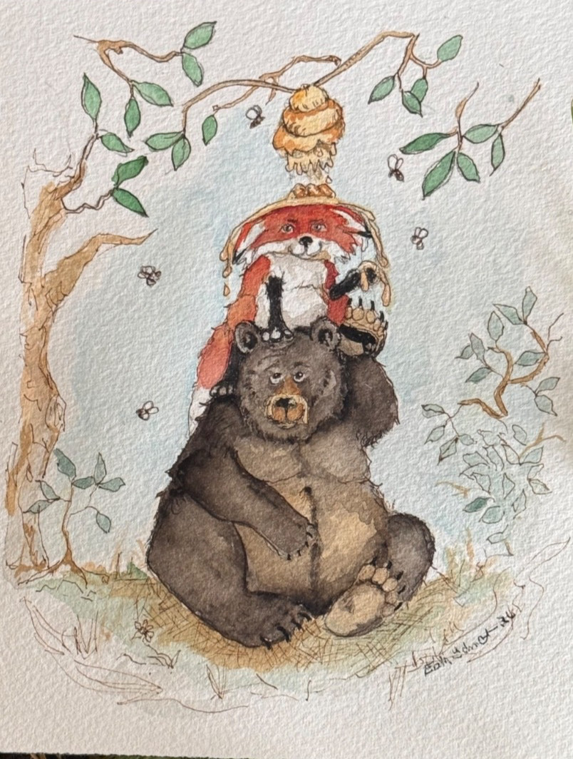 OOAK Origional watercolor Bear & Fox & Bee Hive signed by artist Edith Schmidt OOAK Origional watercolor Bear & Fox & Bee Hive signed by artist Edith Schmidt