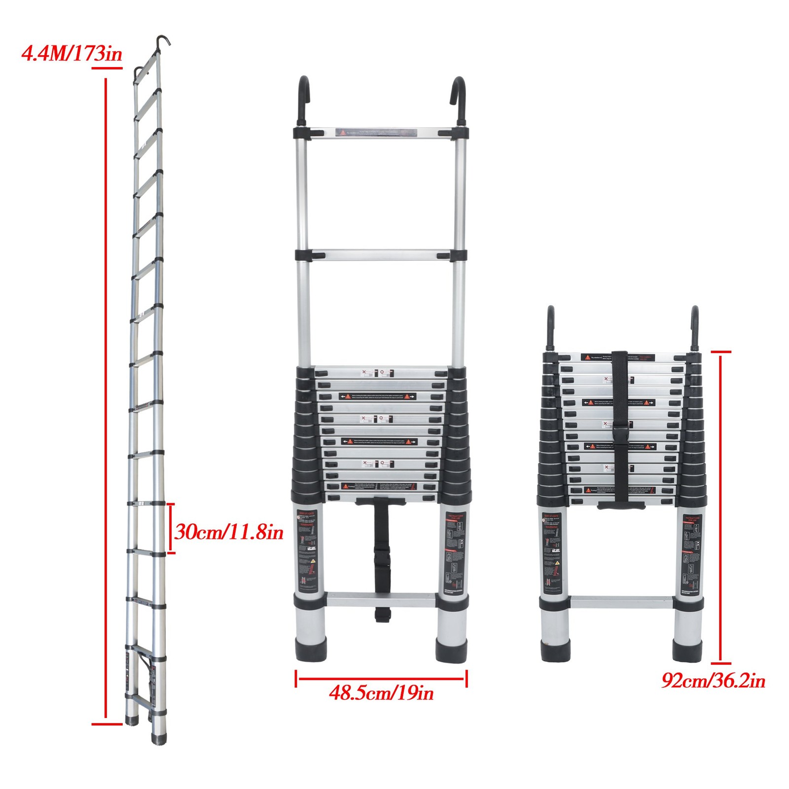 8.5/10.5/12.5/14.5 FT Collapsible Telescopic Extension Ladders Aluminum W/ Hooks