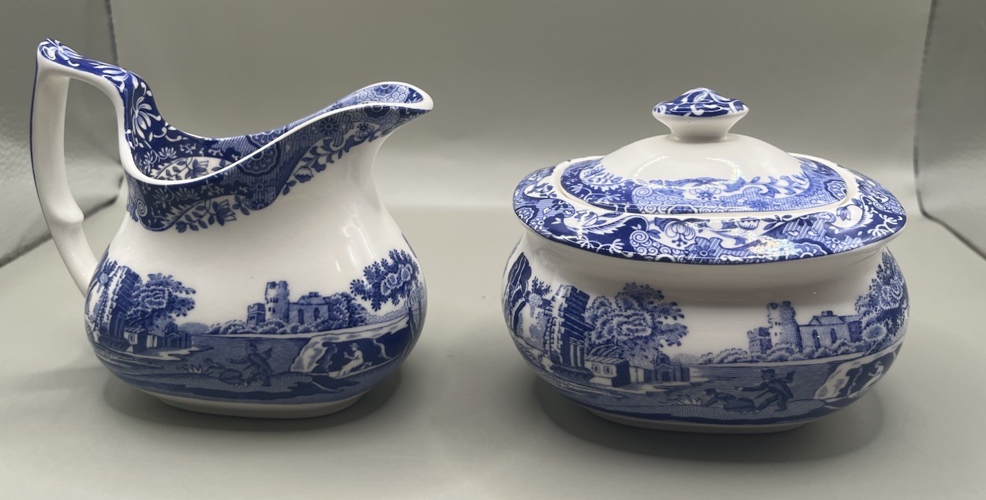 NWOT Spode c.1816 Italian Blue & White Creamer & Lidded Sugar Bowl Set England