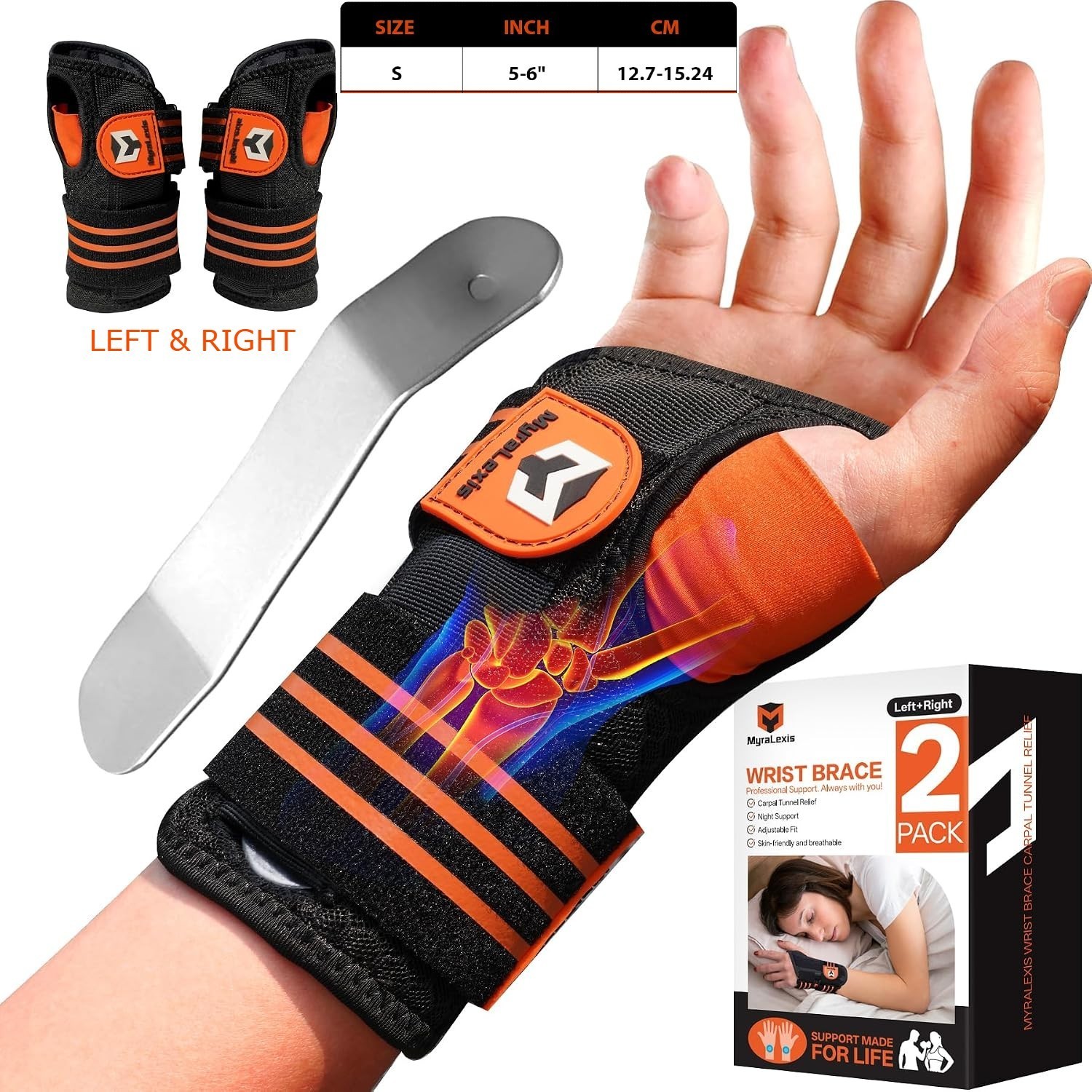 2PK Wrist Brace for Carpal Tunnel - Adjustable Night Support Brace with Splints