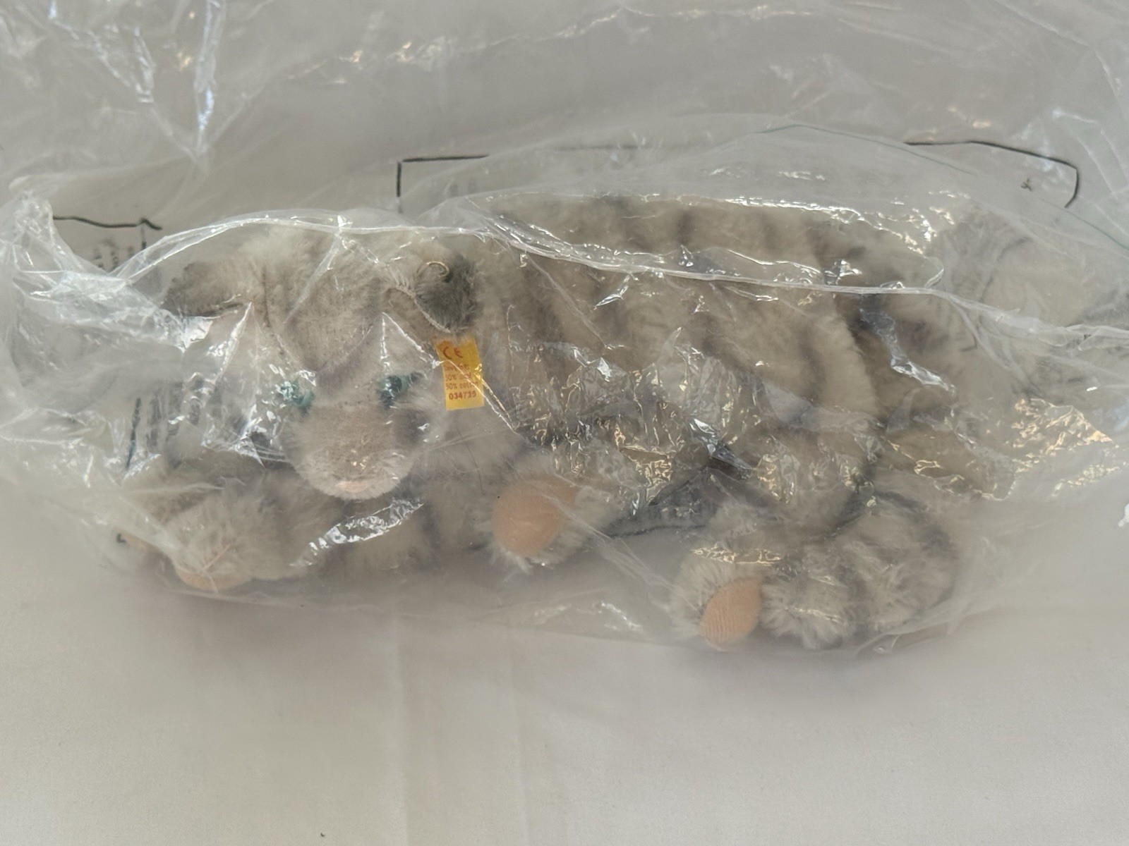 Vintage Steiff Gray Tabby Cat Plush Green Eyes Yellow Ear Tag Germany w/ Bag Vintage Steiff Gray Tabby Cat Plush Green Eyes Yellow Ear Tag Germany w/ Bag