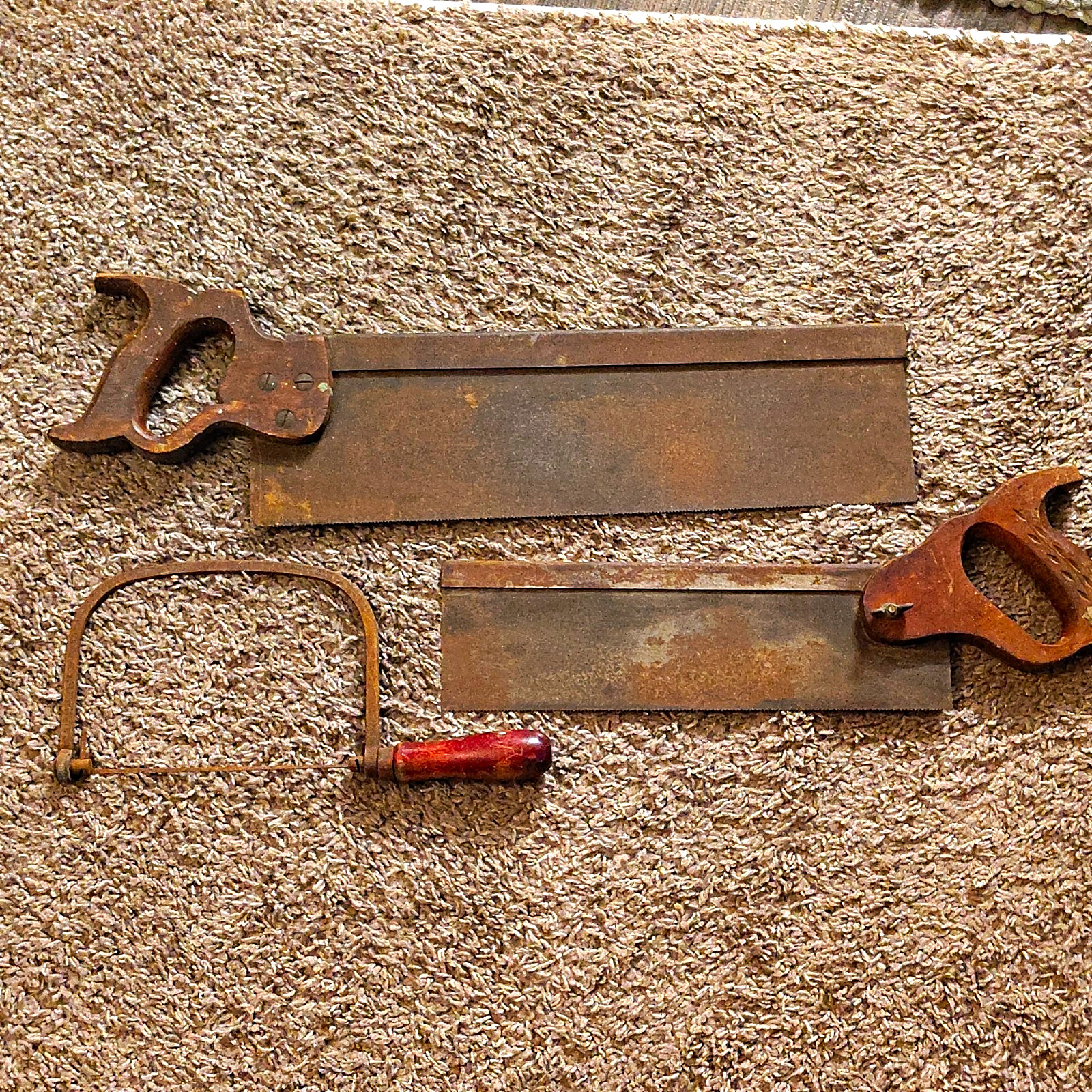 Vintage 3pc Hand Saw Lot - 2 Back Saws & Coping Saw, Wood/Steel Handles