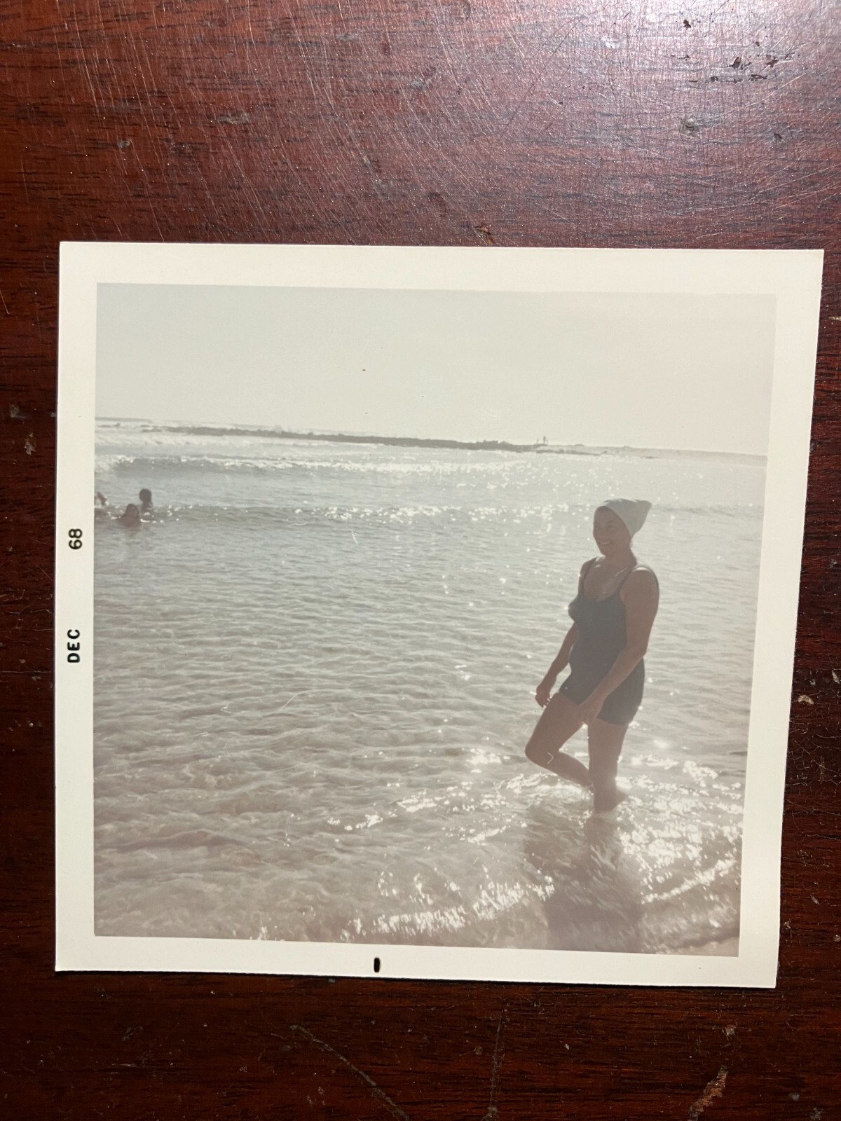 Woman Smiling Bathing Suit Waves Kick Beach  1968 1960s Vtg Snapshot Photograph