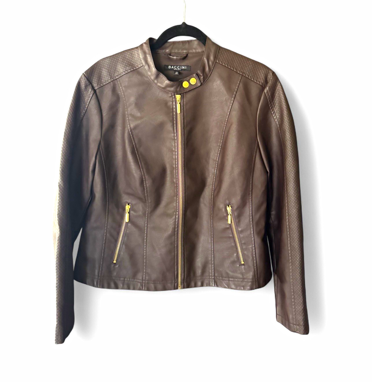 Baccini Women’s XL Brown Faux Leather Moto Jacket Gold Zip Pockets