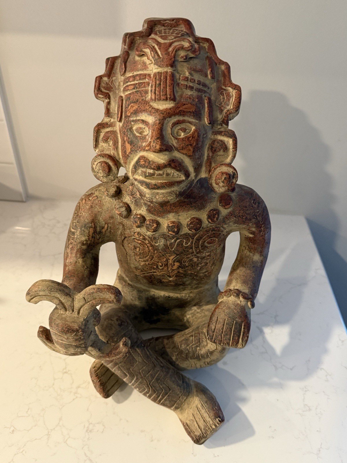 Vintage 18” Mesoamerican Mayan Style Pottery Figure w Bird Mexican Folk Art