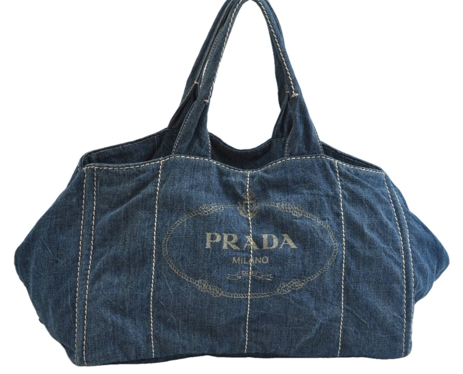 Authentic PRADA Vintage Canvas Tote Hand Bag Denim Blue AD441 Authentic PRADA Vintage Canvas Tote Hand Bag Denim Blue AD441
