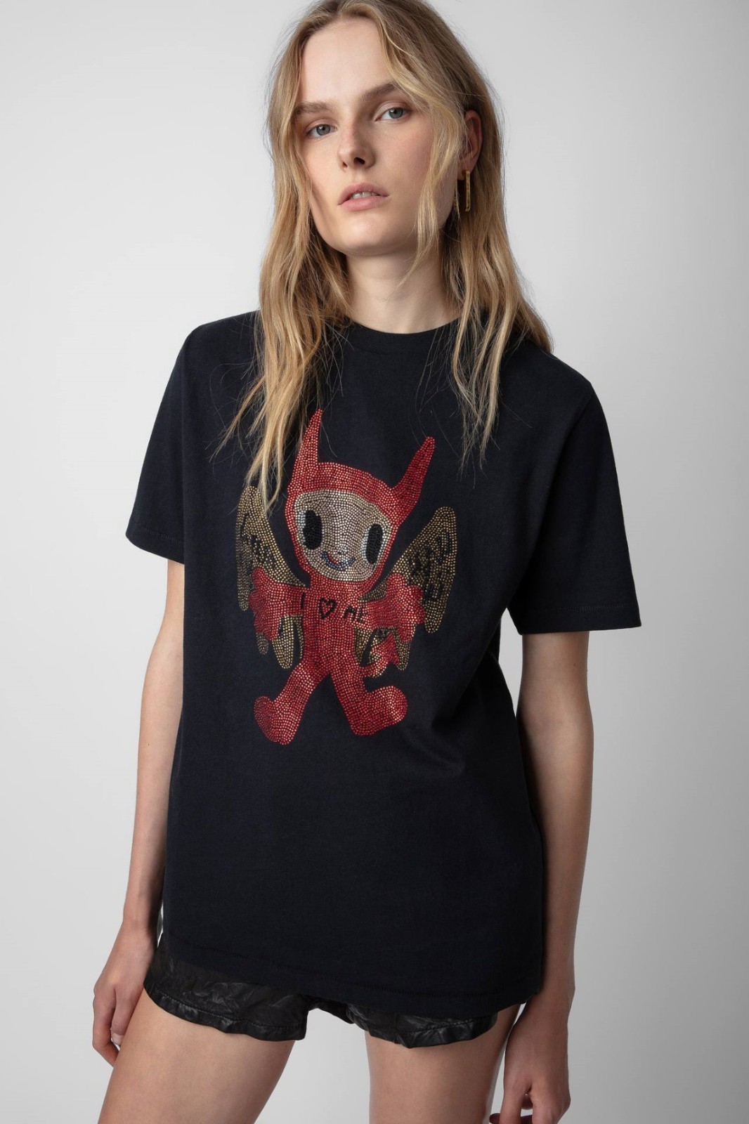 Women French Zadig&Voltaire Rhinestone Demon Doll Short Sleeve T-Shirt Tops SML