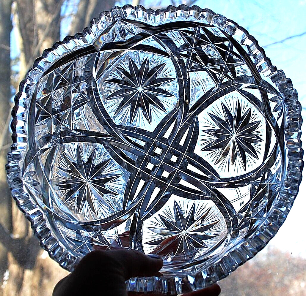 EARLY Antique ABP American Brilliant Period STAR/Xs Hand Cut CRYSTAL BOWL Heavy