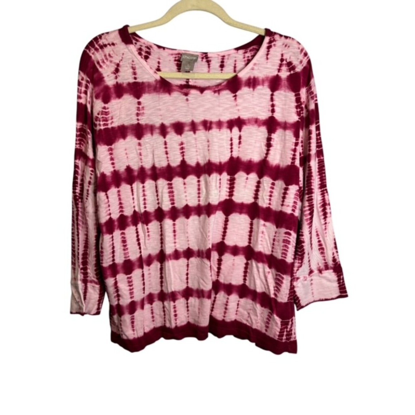 Chico\'s Shirt Women\'s Large Tie Dye Long Sleeve Lightweight Pink White chicos 2 Chico\'s Shirt Women\'s Large Tie Dye Long Sleeve Lightweight Pink White chicos 2