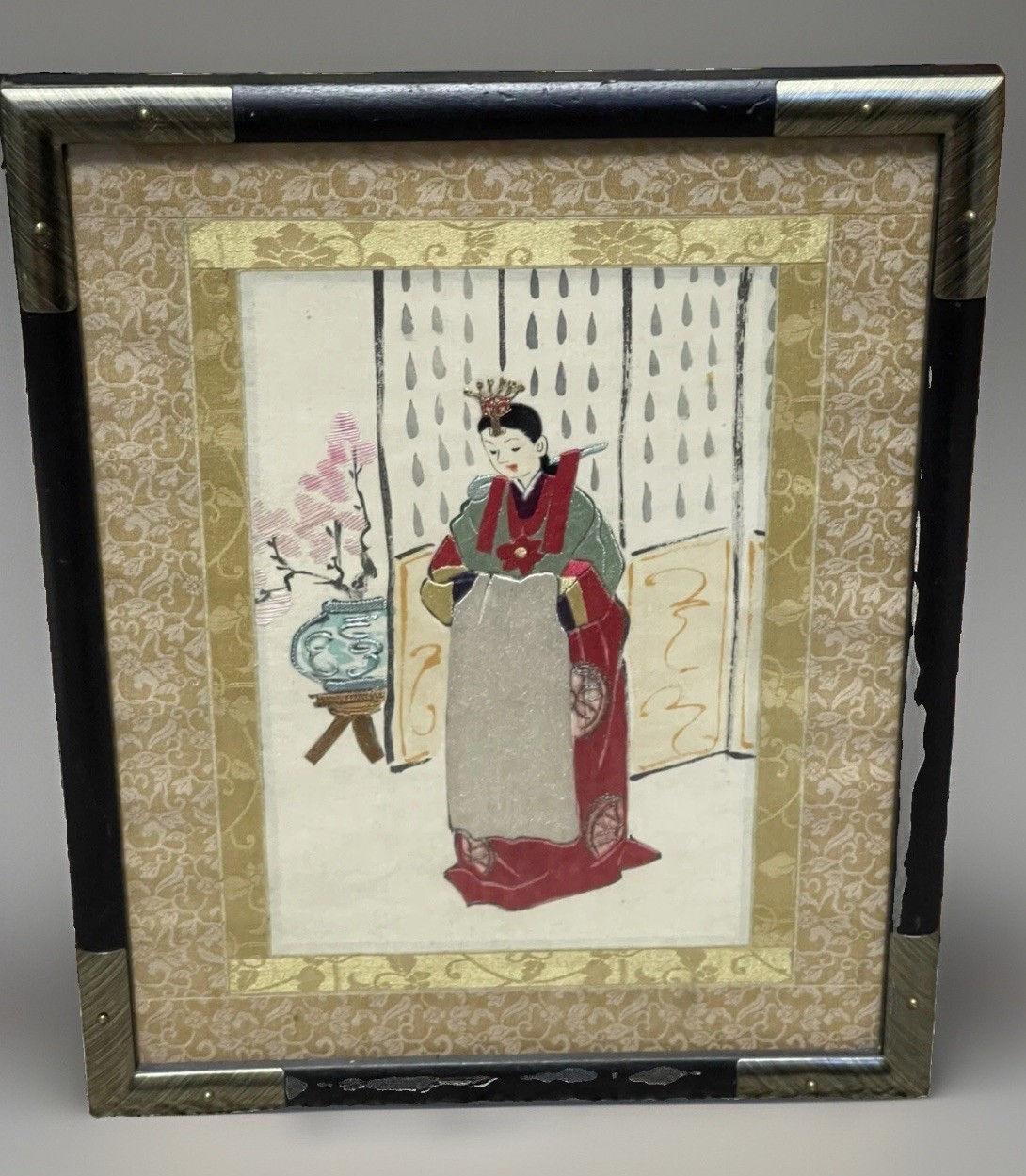 Vintage Japanese Silk Embroidery Court Lady Kimono Framed Textile Art