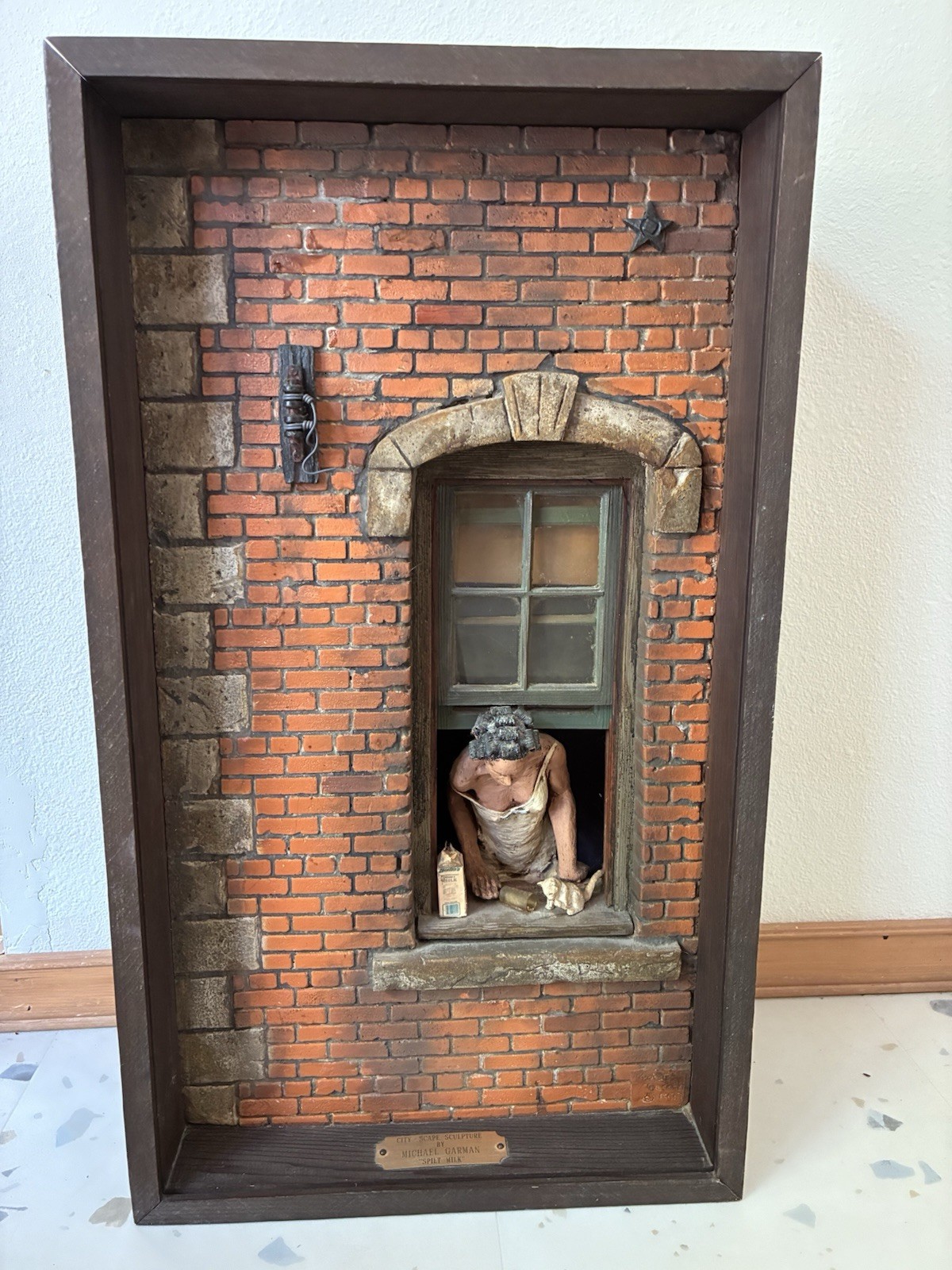 Michael Garman City Scape Spilt Milk Diorama Art Statue Lady In Window w/Cat