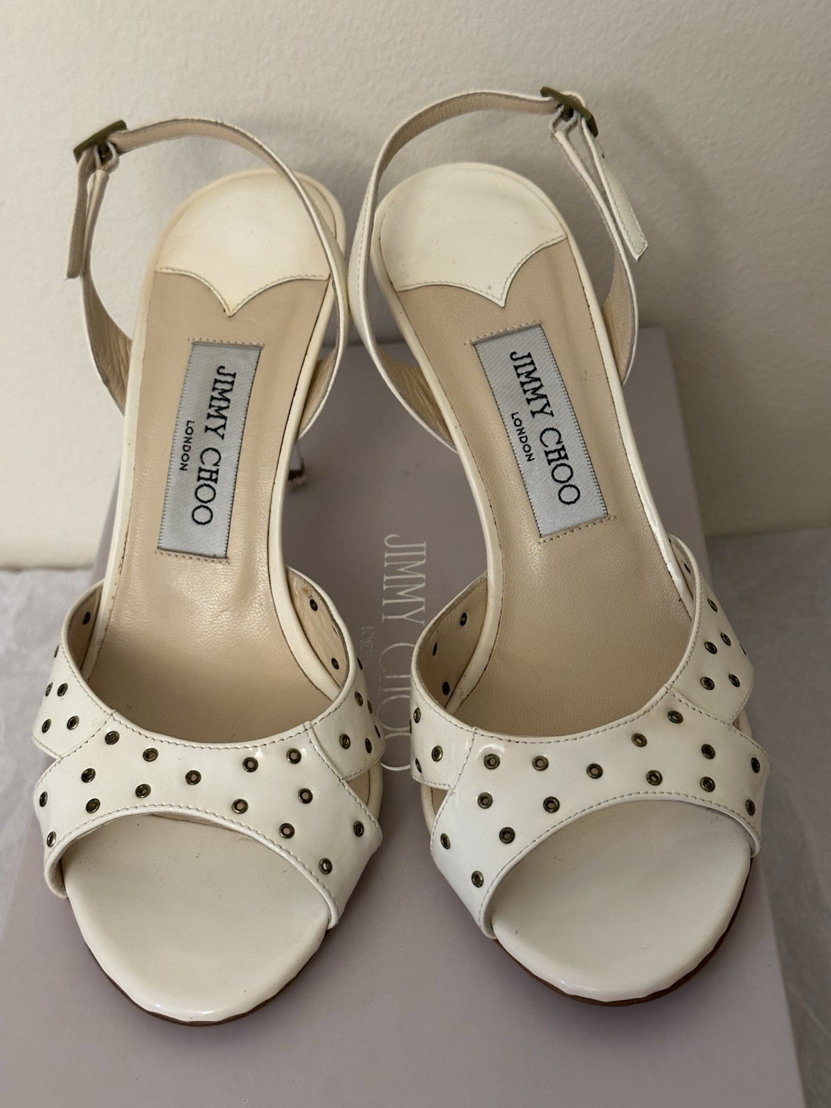 Jimmy Choo White Patent Leather Studded Open Toe Slingback Heels EU 38