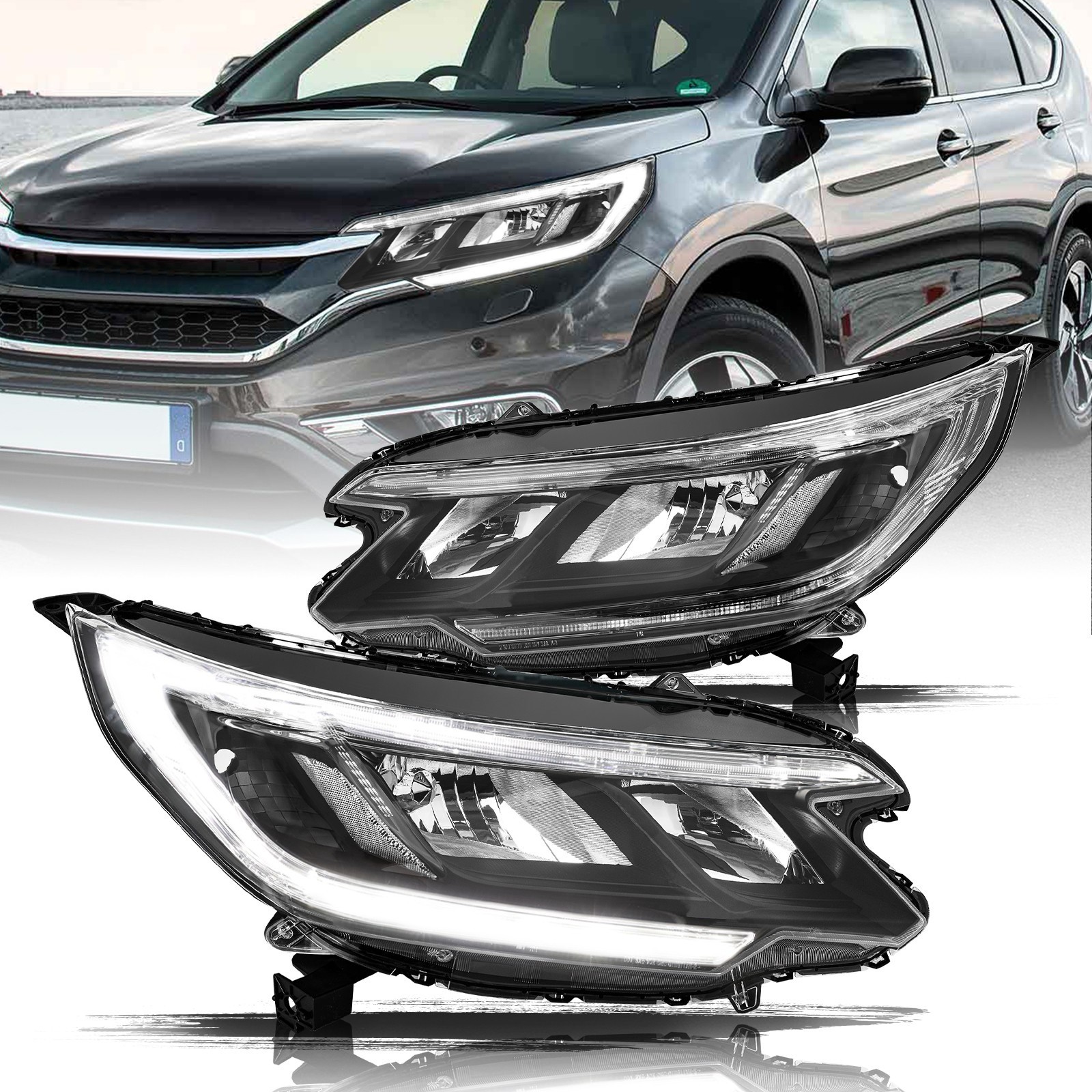 Black Clear LED DRL RH/LH Headlights Pair For 2015-2016 Honda CRV CR-V EX EX-L 