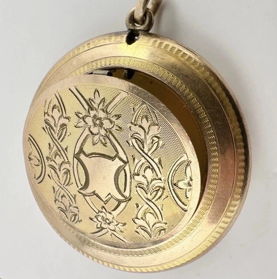 Antique Victorian Engraved Locket Compact Gold Filled WH Co Signed Repair Read