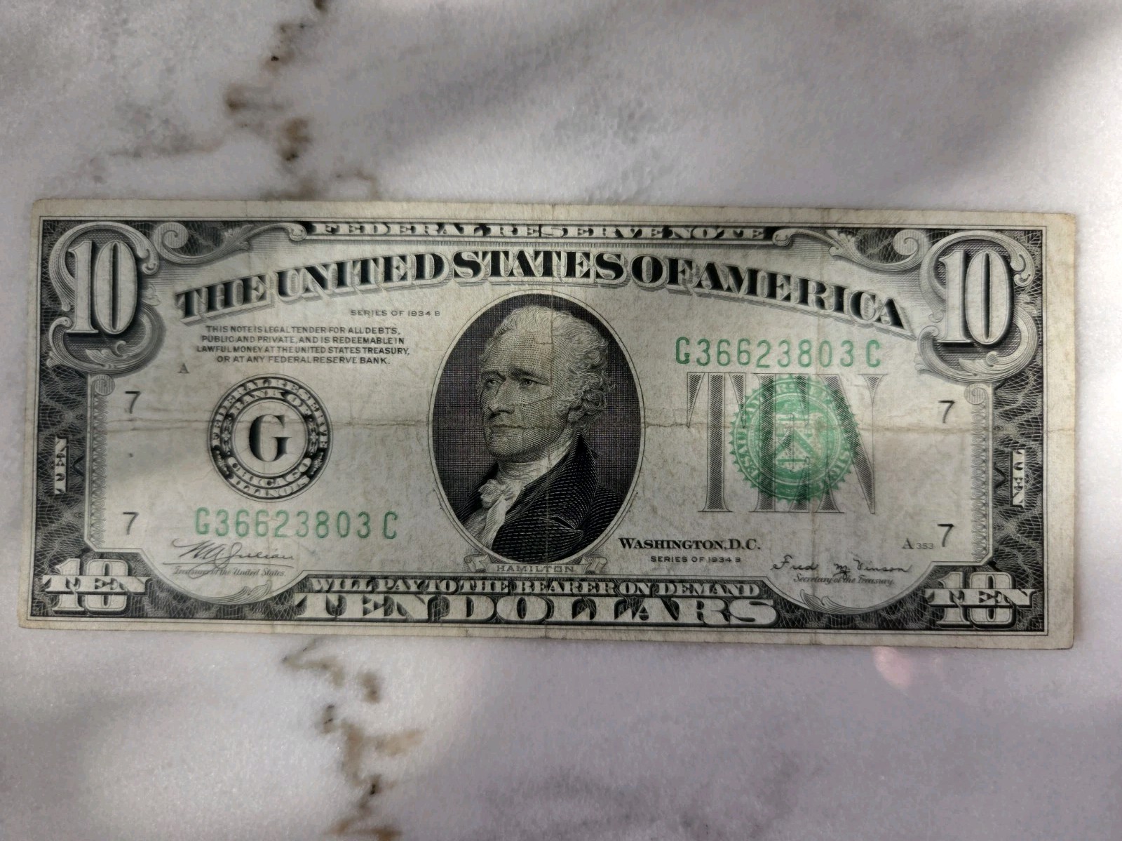 1934 $10 US FEDERAL RESERVE NOTE CHICAGO Light Green
