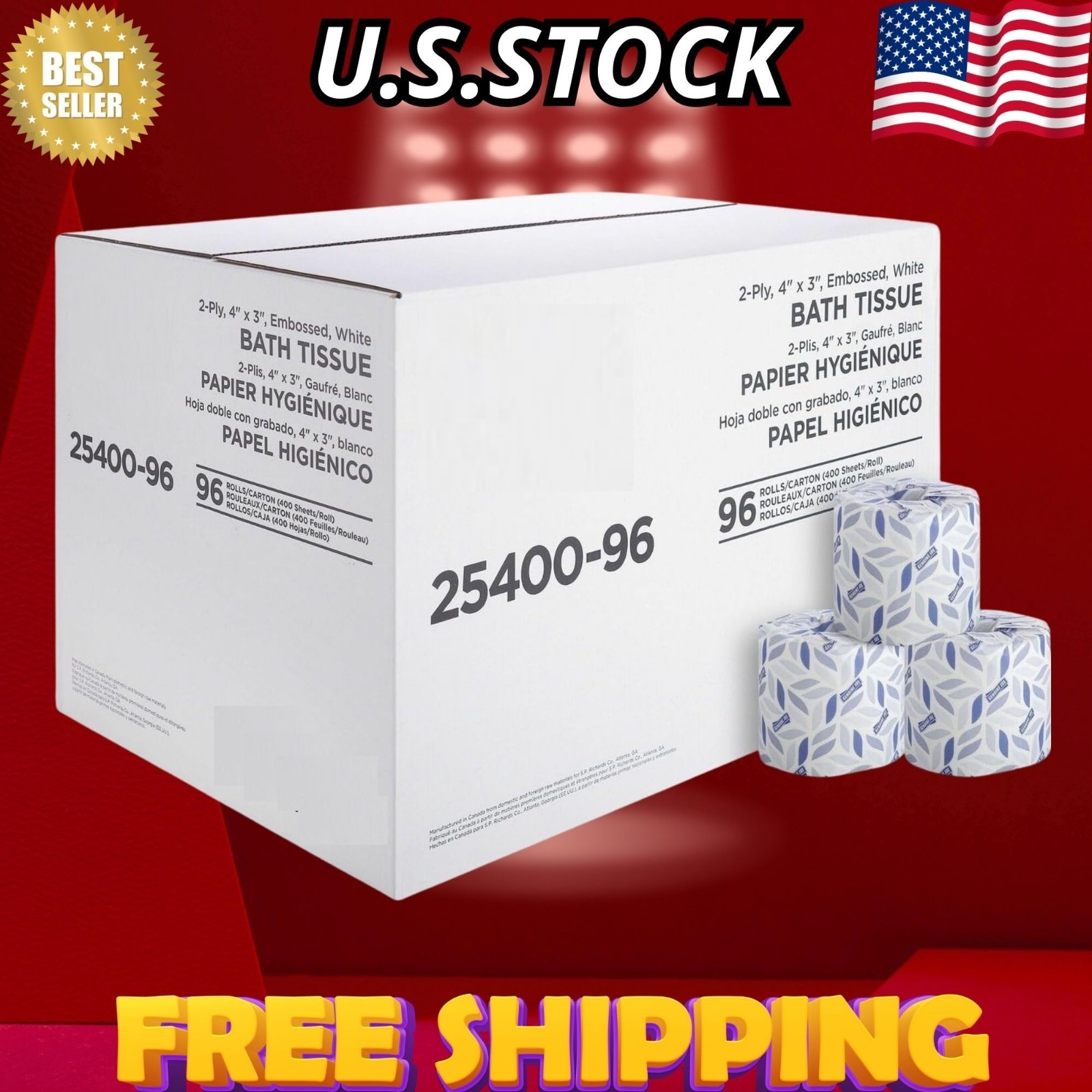 2-Ply Standard Toilet Paper (96 Count) - 400 Sheets/Roll, Bulk Bath Tissue
