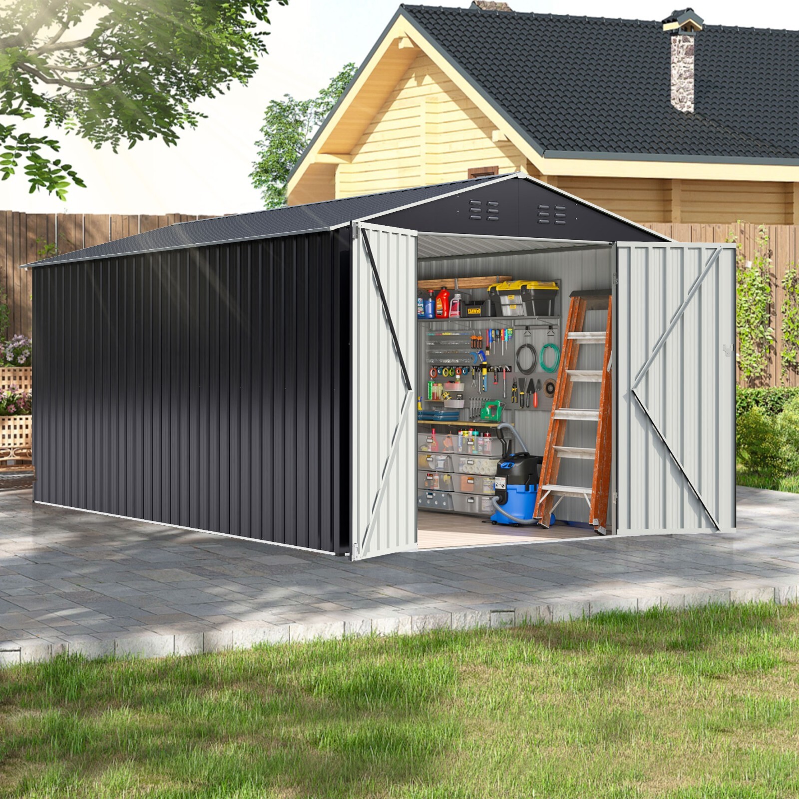 8x12FT Outdoor Metal Storage Shed Garden Heavy Duty Tool Shed with Lockable Door