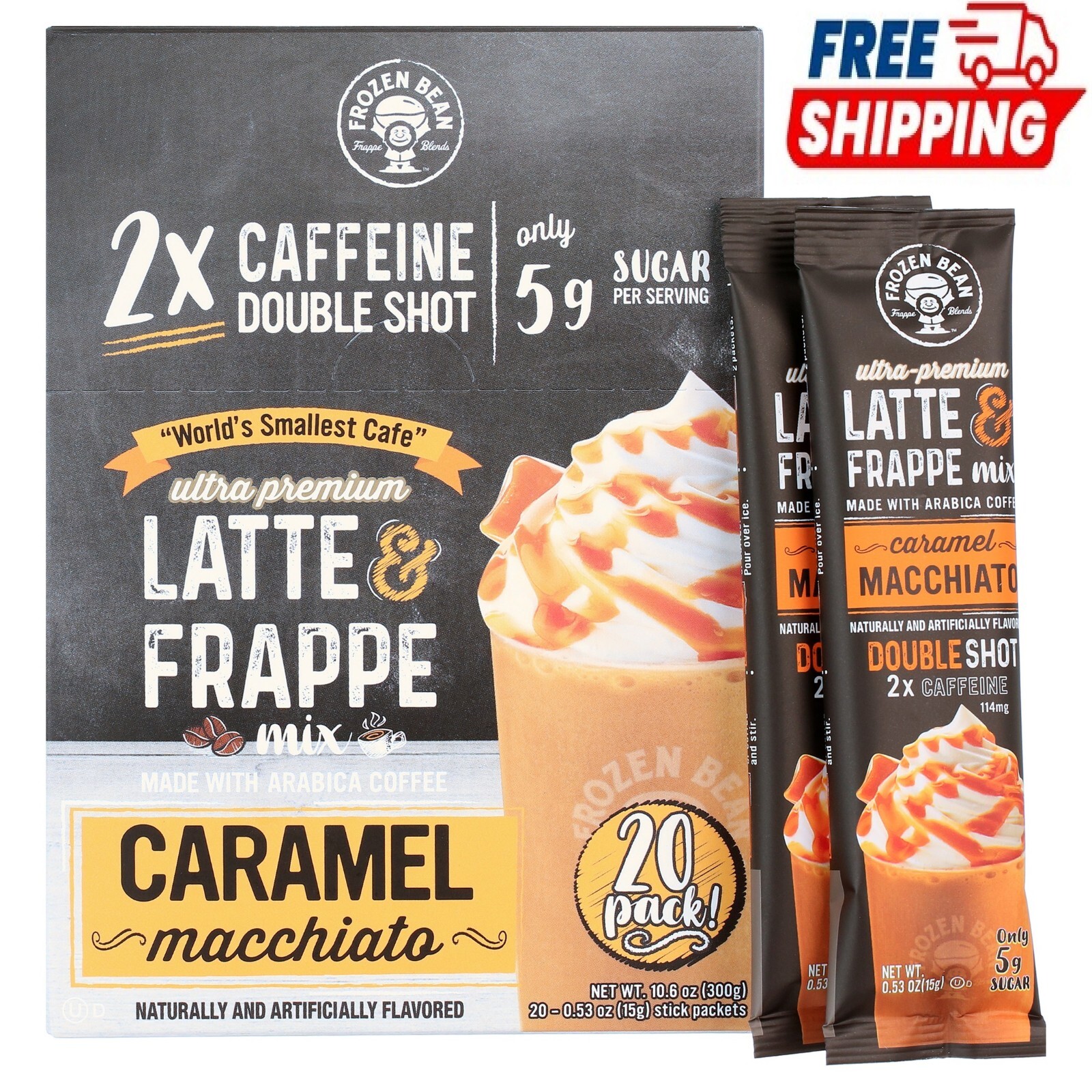 Frozen Bean Ultra-Premium Caramel Macchiato Latte & Frappe Drink Mix 20 Pk Frozen Bean Ultra-Premium Caramel Macchiato Latte & Frappe Drink Mix 20 Pk