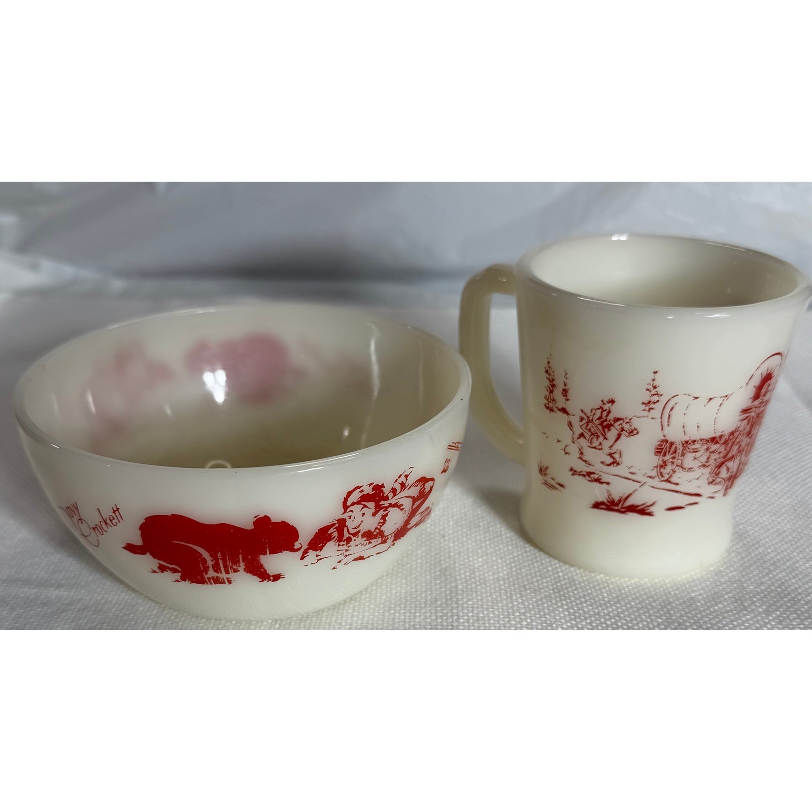 Vintage Fire-King Milk Glass Davy Crockett Bowl and Mug Set Red Graphics