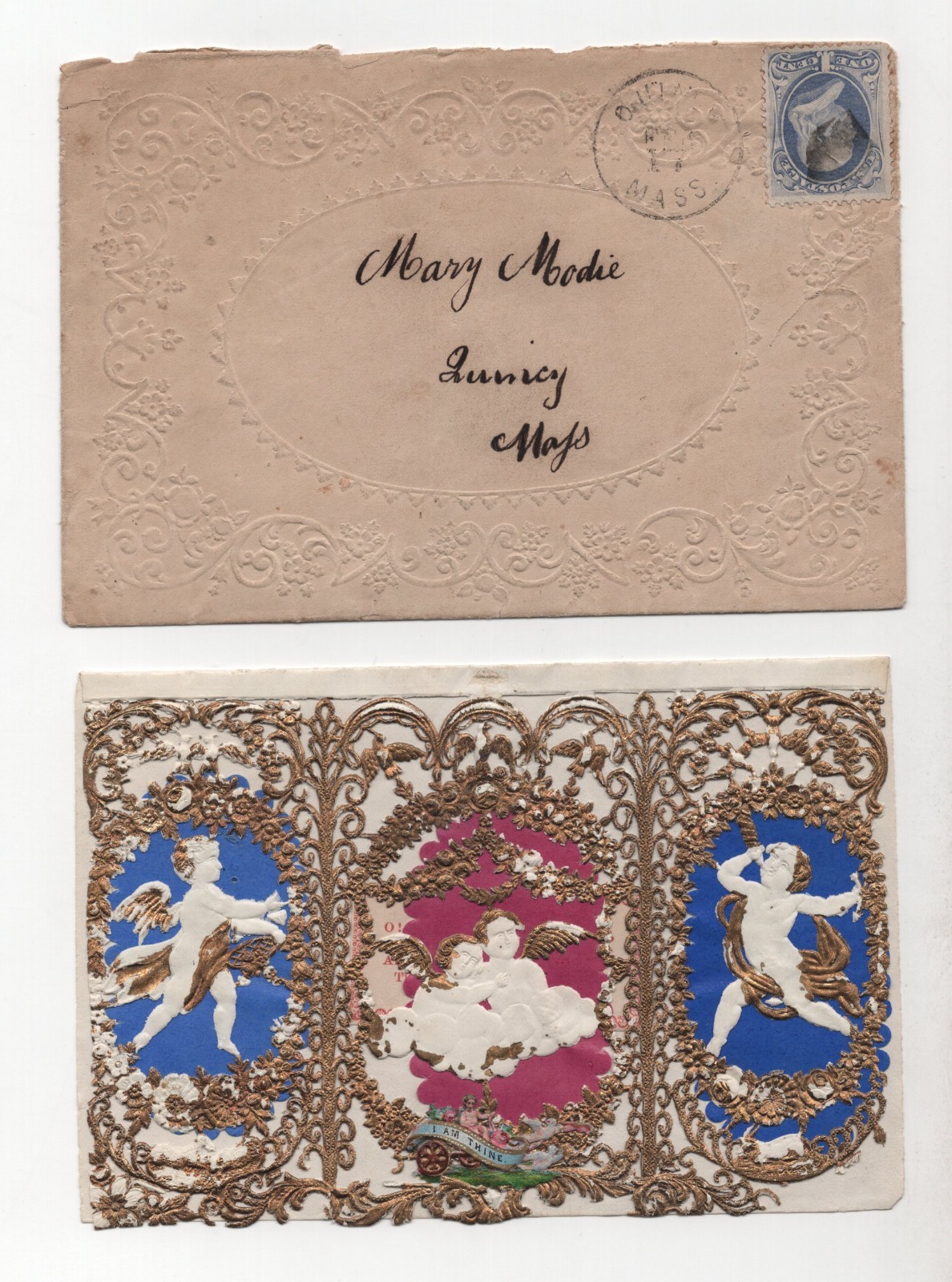 US 1870s QUINCY, MASS. FRANKED SCOTT #156 LOVE LETTER WITH EMBOSSED FLOWERS
