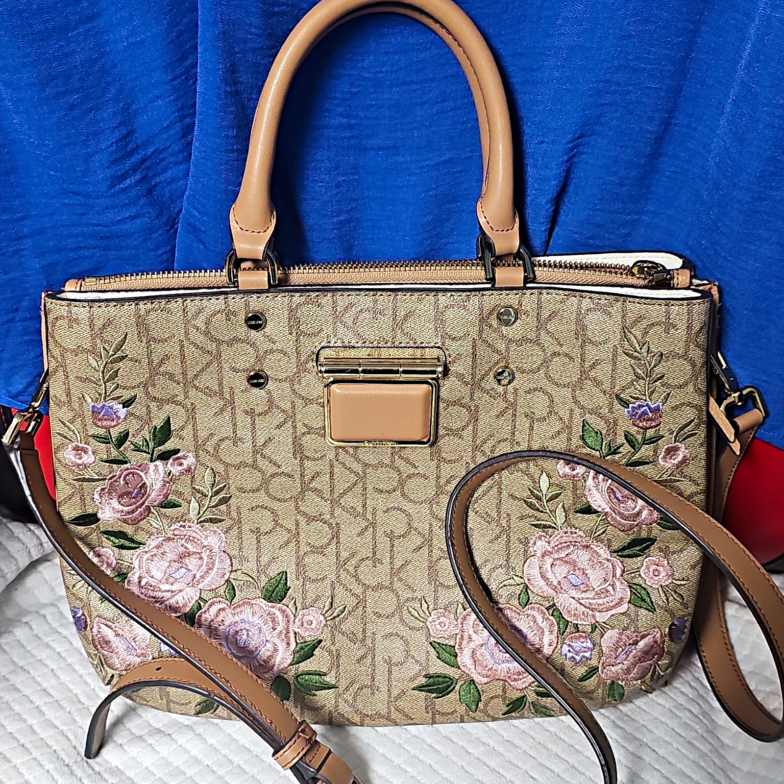Calvin Klein Beige Monogram Floral Embroidered Zip Satchel w/ Detachable Strap
