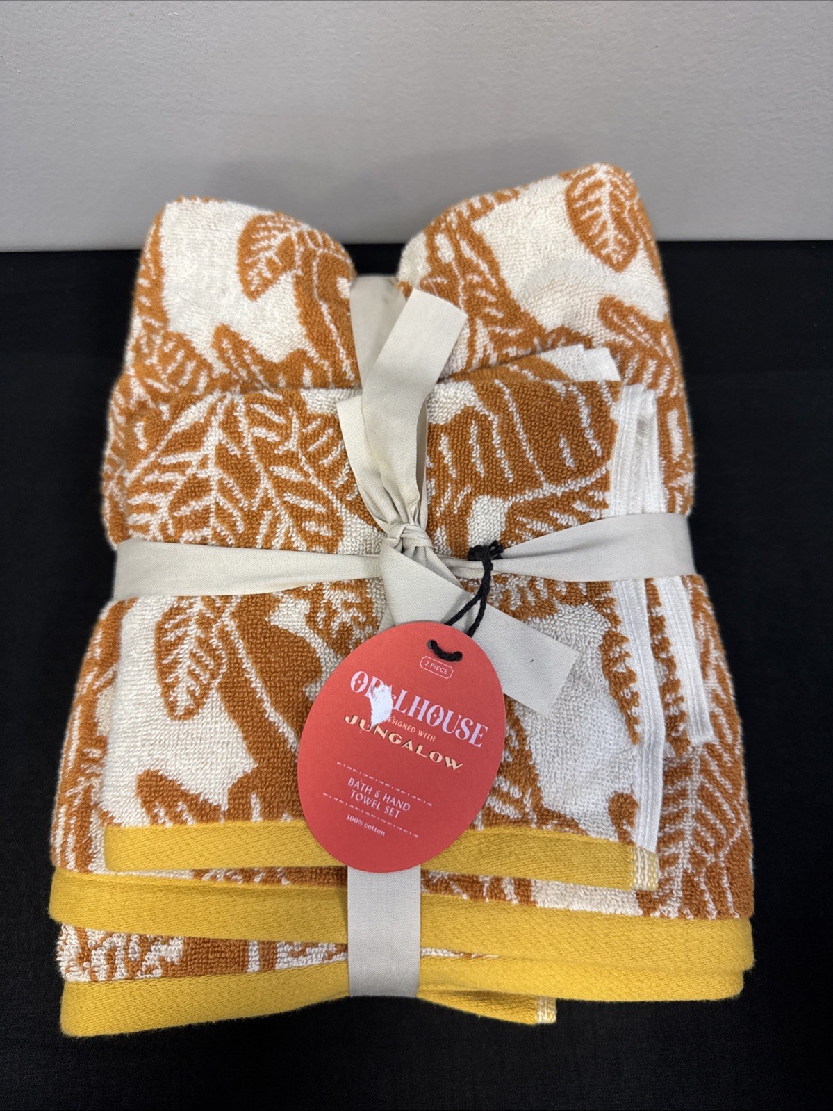 Opalhouse Jungalow 2pc Bath Hand Towel Set Orange Print Yellow Trim 100% Cotton 