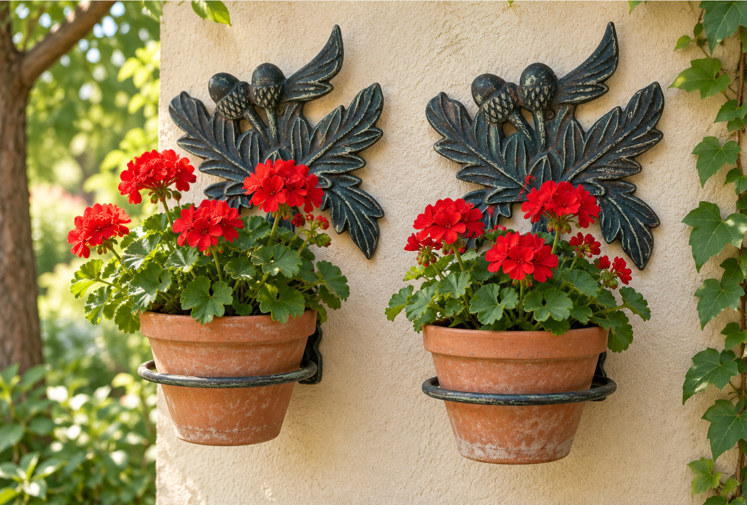 Antique Pair of Cast Iron Oak Leaf & Acorn Plant Holders Garden/ Patio 10 T\