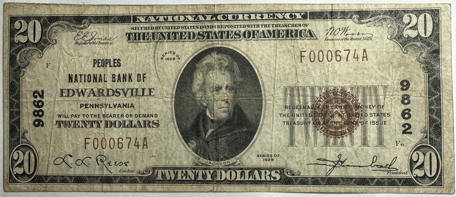 1929 $20 Note Edwardsville, PA - Type 1 / Charter #9862 F000674A