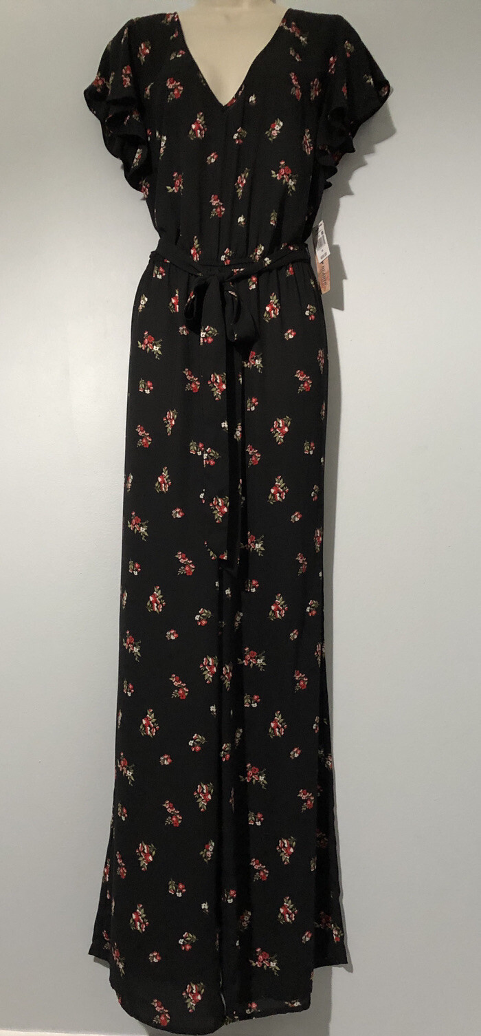 Inspired Hearts Women\'s Black Self Tie Waist Floral Printed Wide Leg Jumpsuit S