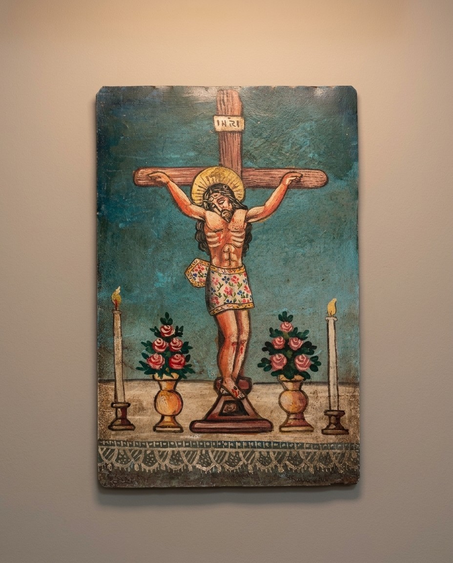 Large Antique Mexican Devotional Retablo Oil on Tin Crucified Christ 16x11 1890s