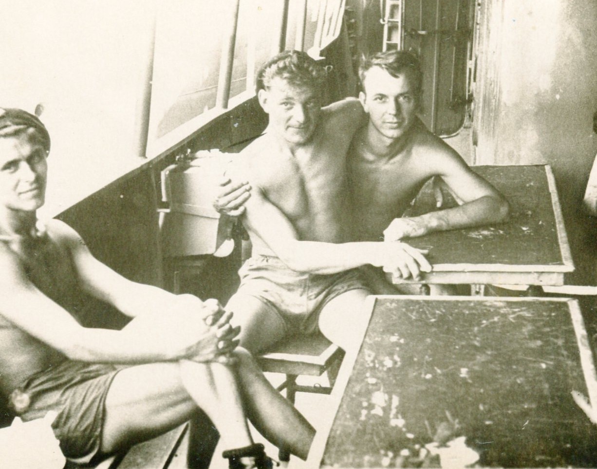 Shirtless Handsome young men couple hug bulge beach trunks gay vintage photo