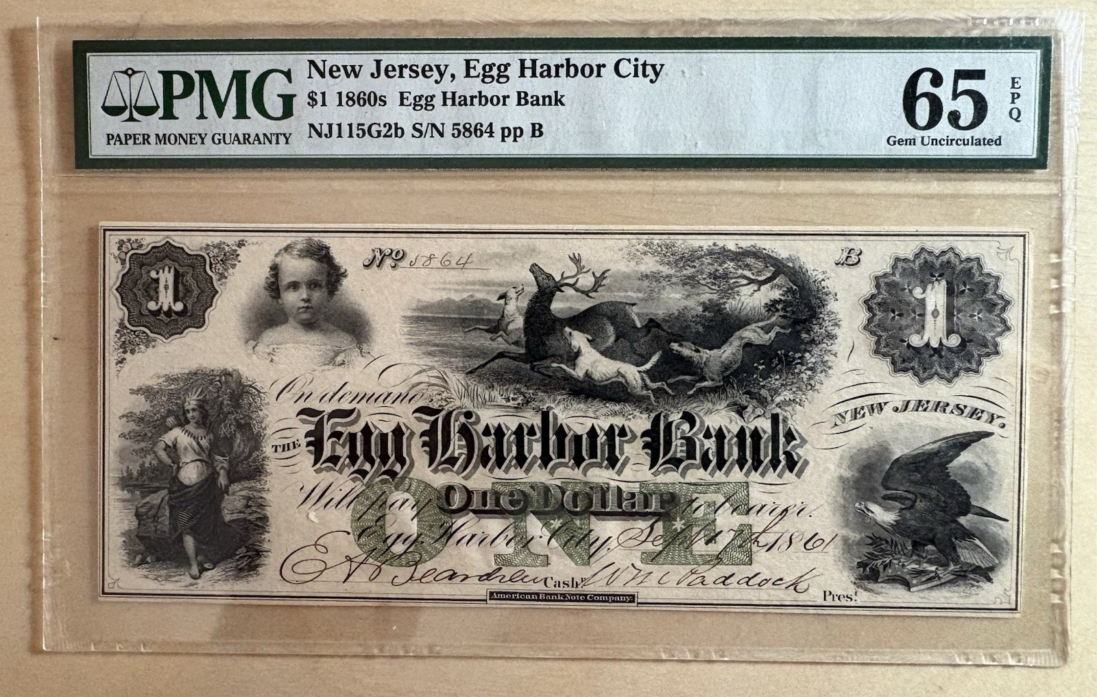 $1 1860’s Egg Harbor City New Jersey PMG 65 Gem Unc EPQ Top Pop note Rare $1 1860’s Egg Harbor City New Jersey PMG 65 Gem Unc EPQ Top Pop note Rare