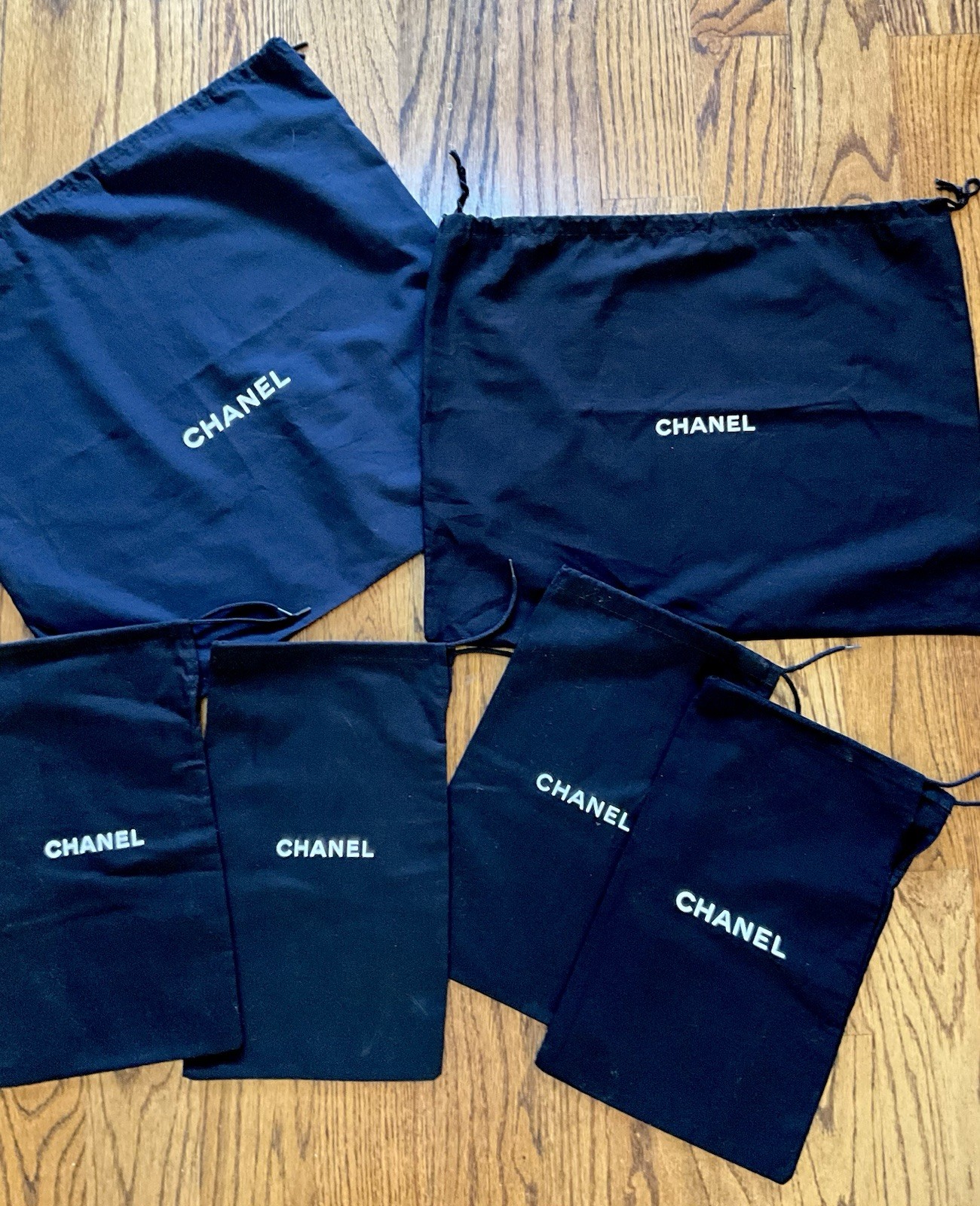 Lot of 6 Authentic CHANEL Black Cotton Drawstring Dust Bags Various Sizes