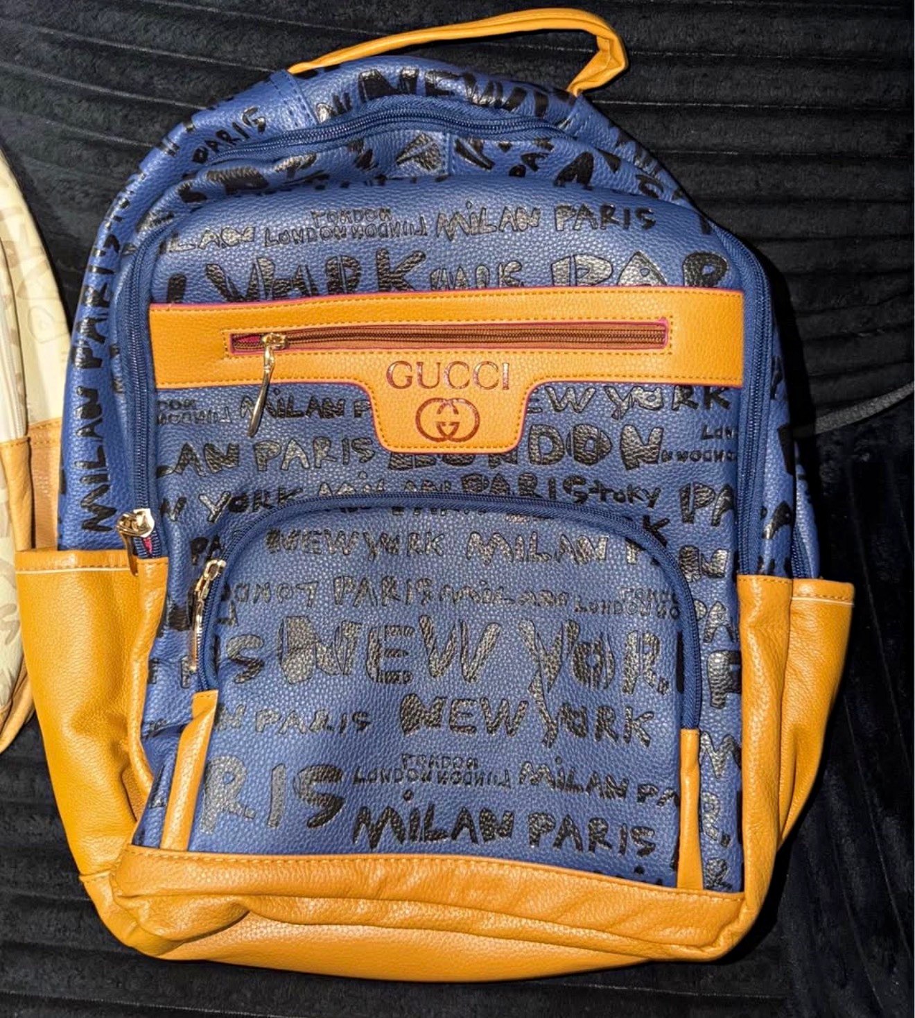 Gucci Blue/Brown Zip Backpack Logo Pattern Pockets Gold Hardware Top Handle Gucci Blue/Brown Zip Backpack Logo Pattern Pockets Gold Hardware Top Handle