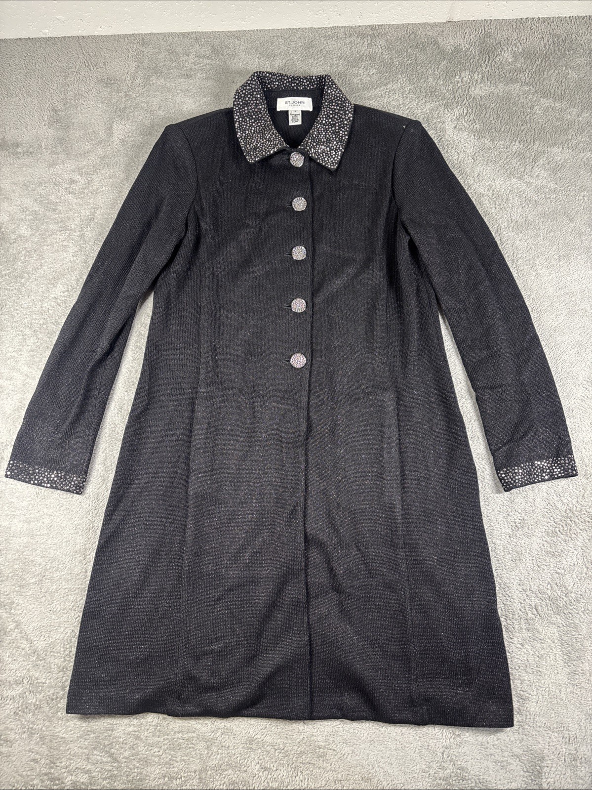 St. John Evening Women\'s Knit Long Cardigan Rhinestone Collar/Sleeves Black 6